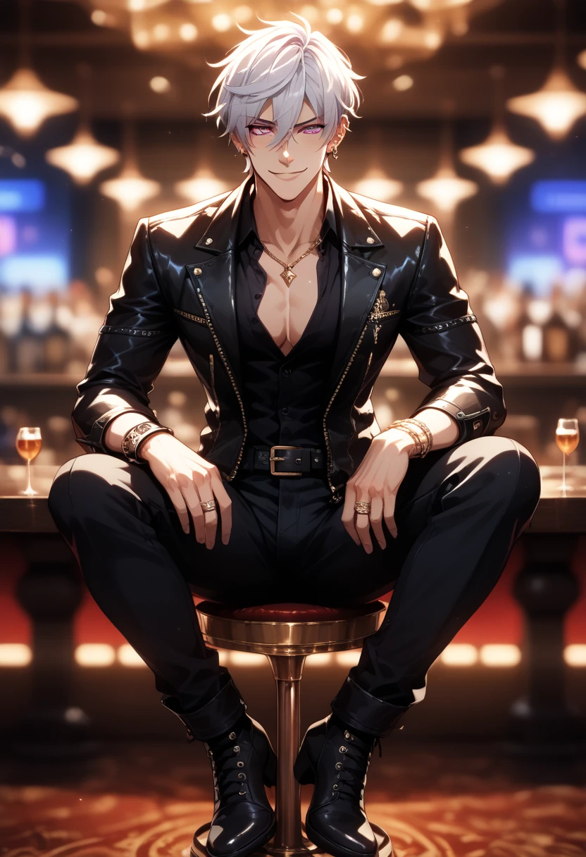1boy,young male,Perfect male body,Sexy adult male:1.3, Look at the camera,long gray hair, fashionable and sexy men's wear, metal necklace, Sitting on the sofa in a modern bar, modern clothes, evil smile,grin,show chest,indoor, Nightclub theme