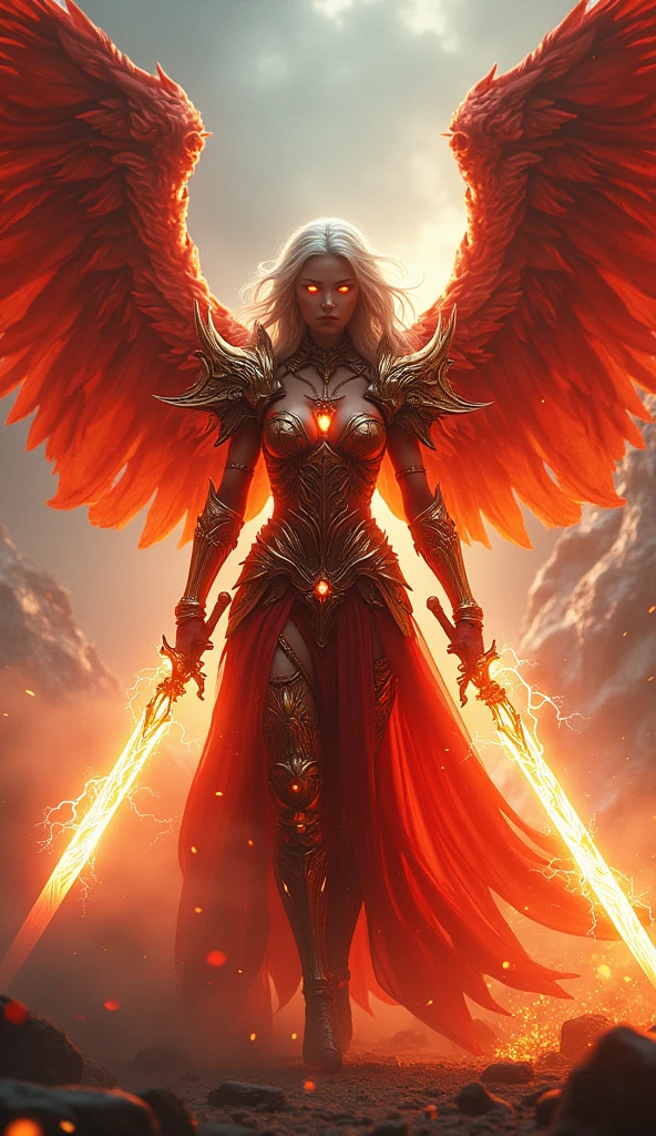 Amidst the smoking ruins of a burning city, the angel and demon face off in an epic duel. The angel radiates a pure aura, with majestic white wings and polished silver armor. She wields a flaming golden sword, ready to purify evil. Facing her is the sultry demoness, with sharp horns and black leathery wings. Brandishing a blood-red blade, she smiles confidently, eyes blazing with hellfire. She lunges at the angel, her sword whistling through the air. Their swords clash in a storm of sparks. Their gazes locked, they strain against each other. Their feet sink into the cracked ground as they struggle for dominance. With a cry, the angel breaks free and strikes, wings spread in full angelic glory. The demoness laughs and counters. The battle rages on, flames and lightning illuminating the epically matched contest between good and evil.
Copy
Retry