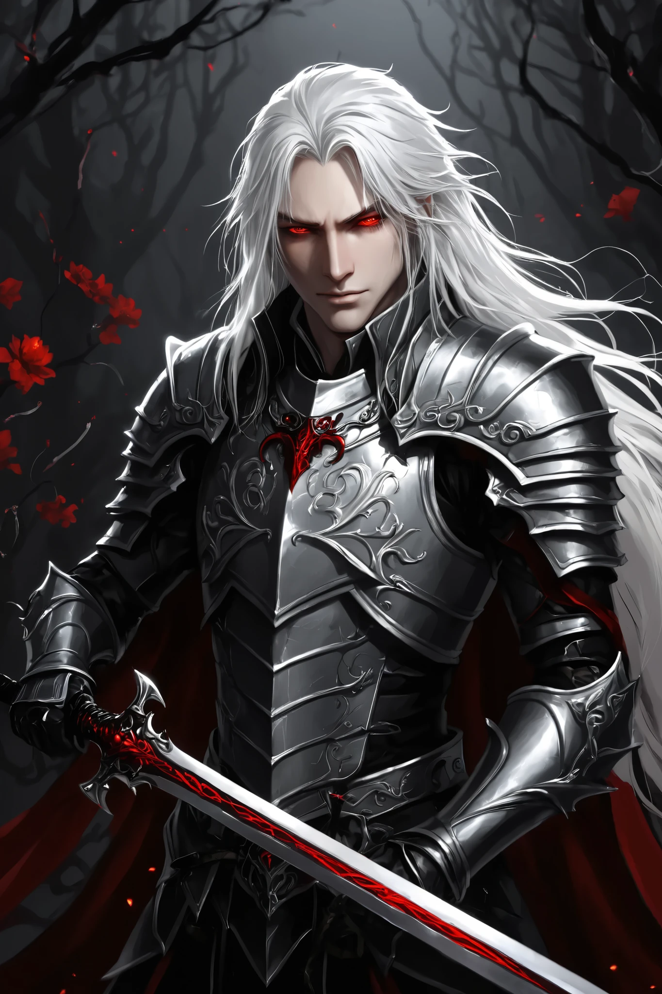 portrait (concept art:1.3) of a vampire knight with long (messy white hair), front view, {style of Sylvain Sarrailh}, (game art), illustration, (pale gray skin:1.3), glowing red eyes, ribcage visible through tattered dark fabric, wearing blackened plate armor, holding a sword with a glowing light red blade, surrounded by stylized black and red flowering vines and thorny branches, (dramatic rim lighting:1.3), armor details, detailed hair shadow, (dark fantasy art), cinematic, high-resolution image