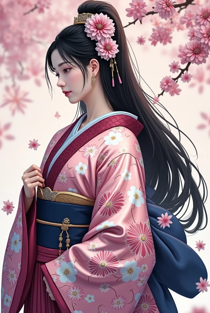 Twelve-layered  kimono，(Masterpiece,  best quality ,  best quality ，aesthetics:1.2)，From the side，Ezvian Everywhere，1300 years ago，Japan_ Heian period，Noble，１ beautiful princess ，  beautiful skin，( straight hair 　length,  beautiful black hair)，( kimono　Gentle pink color　The beauty of layered colors)，Silk luster， layered color ，Hakama Hems Long ， dreamy， elegant ， best quality ， Stunning Graphics , 