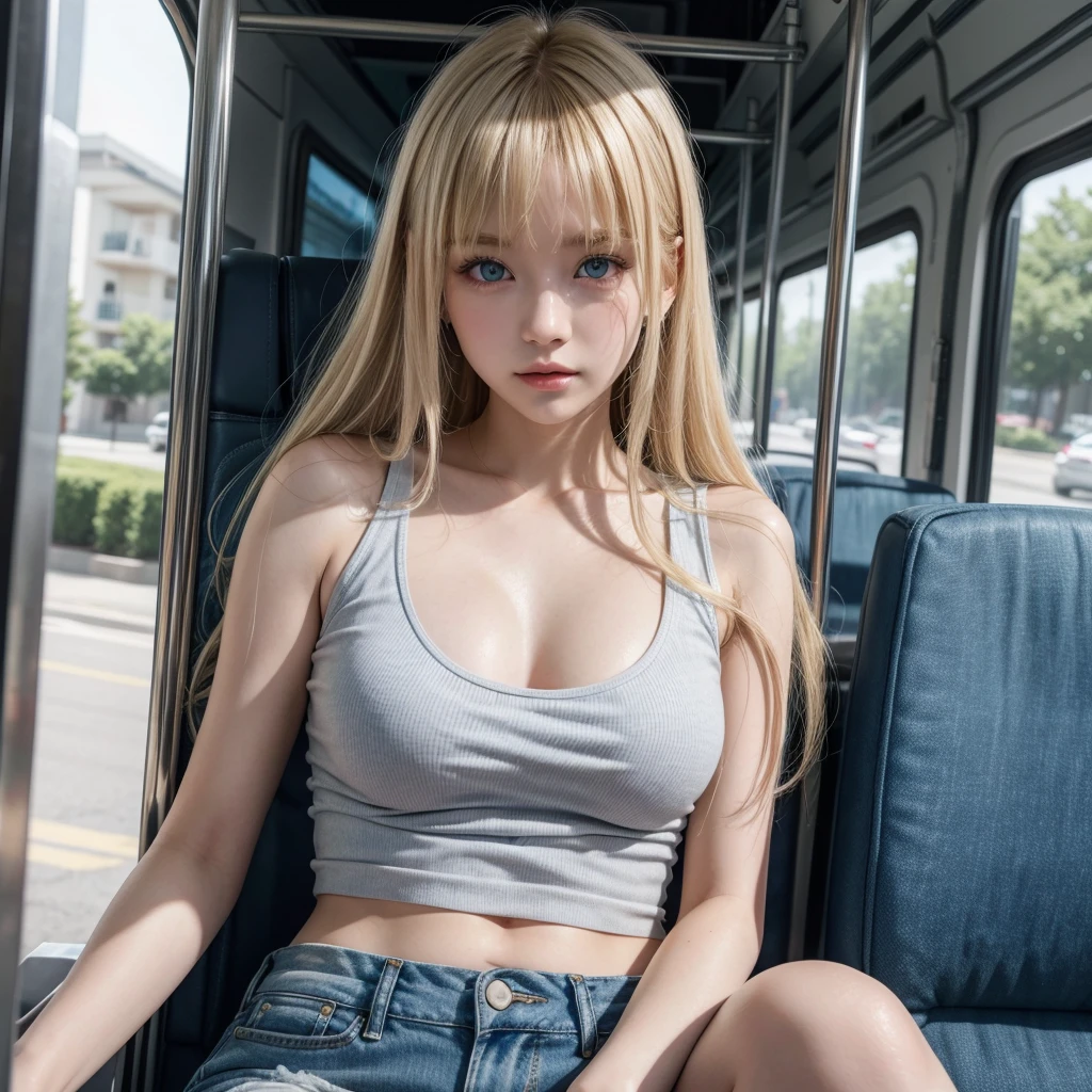 8K, Raw-Photo, (Very detailed skin: 1.2), (top-down view: 1.5), ((Cute girl wearing an off-the-shoulder shirt on a crowded train)), a photo of, ​masterpiece, Top  Quality, Dark gray background, 1girl blue eyes and gorgeous light blonde hair, Beautiful Caucasian woman with big ass, Full breasts and fair skin,  varied pose, ((large full breasts :1.4)), (((very soft breasts)), highly detailed face, Detailed Eyes, in a crowded train station, ((No closeup)), ((s whole body))