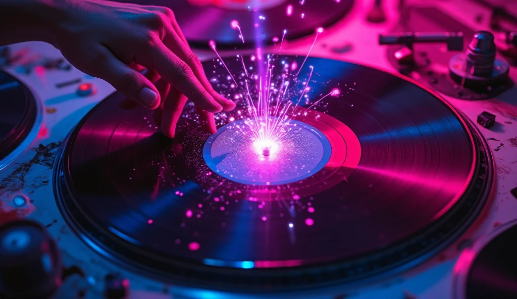 in cyberpunk style, a scene seen from above where a hand touches a vinyl record and colorful sparks come out as a result of this touch. The scene is complemented with several other vinyl records scattered around in an environment with neon light and pink and blue colors stand out.