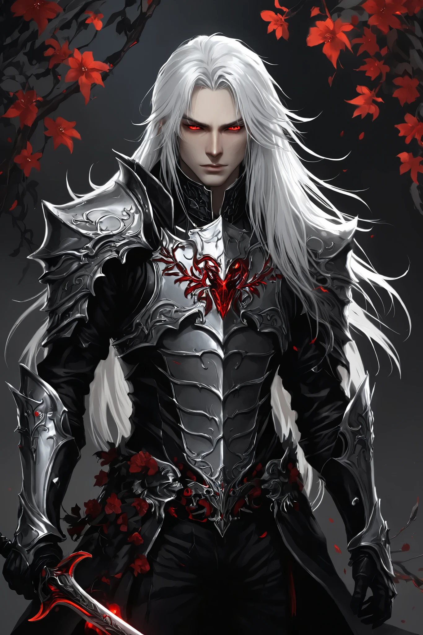 portrait (concept art:1.3) of a vampire knight with long (messy white hair), front view, {style of Sylvain Sarrailh}, (game art), illustration, (pale gray skin:1.3), glowing red eyes, ribcage visible through tattered dark fabric, wearing blackened plate armor, holding a sword with a glowing light red blade, surrounded by stylized black and red flowering vines and thorny branches, (dramatic rim lighting:1.3), armor details, detailed hair shadow, (dark fantasy art), cinematic, high-resolution image