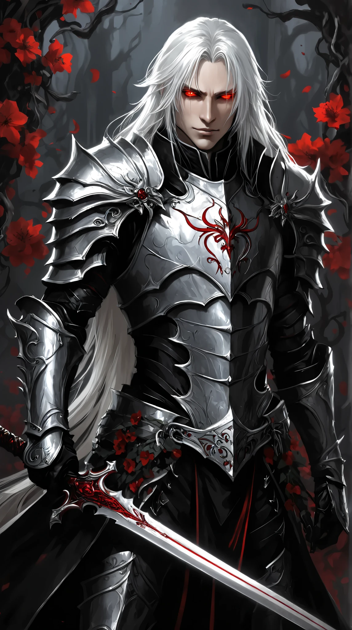 portrait (concept art:1.3) of a vampire knight with long (messy white hair), front view, {style of Sylvain Sarrailh}, (game art), illustration, (pale gray skin:1.3), glowing red eyes, ribcage visible through tattered dark fabric, wearing blackened plate armor, holding a sword with a glowing light red blade, surrounded by stylized black and red flowering vines and thorny branches, (dramatic rim lighting:1.3), armor details, detailed hair shadow, (dark fantasy art), cinematic, high-resolution image