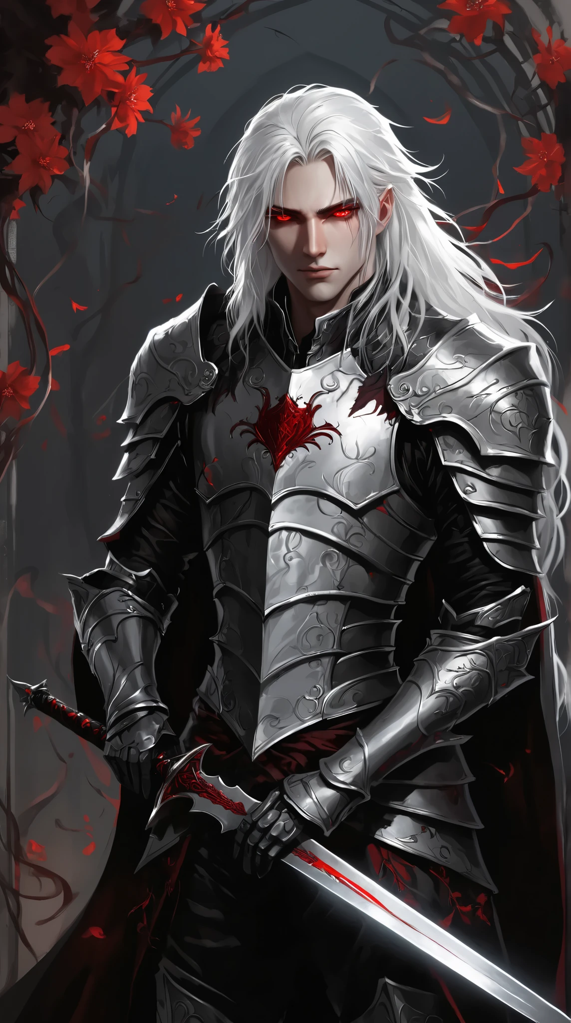 portrait (concept art:1.3) of a vampire knight with long (messy white hair), front view, {style of Sylvain Sarrailh}, (game art), illustration, (pale gray skin:1.3), glowing red eyes, ribcage visible through tattered dark fabric, wearing blackened plate armor, holding a sword with a glowing light red blade, surrounded by stylized black and red flowering vines and thorny branches, (dramatic rim lighting:1.3), armor details, detailed hair shadow, (dark fantasy art), cinematic, high-resolution image