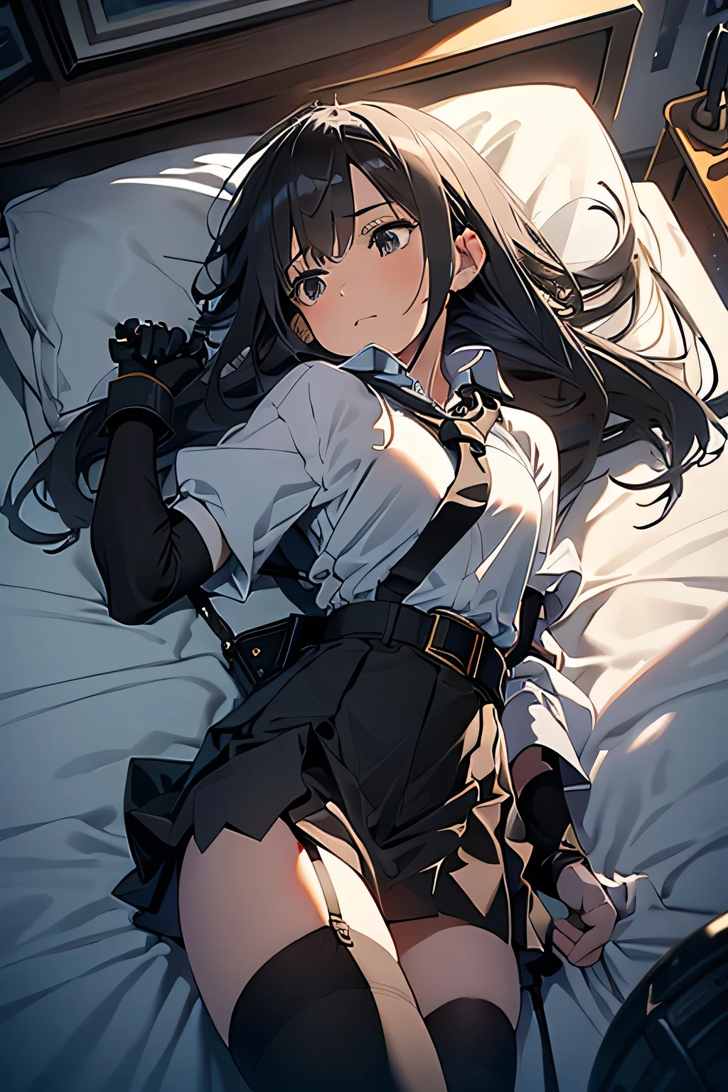 High Quality , Masterpiece, ultra high definition, ( realism: 1.4), oil painting style , movie lights, , I stood on an empty asphalt road watched it.., 、 Flying Crane Hanging Leather Big Breasted Small face lying on the bed looks up at the sweat belt buzzer 脇sweat black hole gloves suit miniskirt garterbelt Footlink ズボンのbelt place hs on back restless expression looks up at the restless expression Knee-length Knee-High Socks Knee-length socks garter belt garter Garterbelt on thighs, place hs on back limit hcuffs Cable ties Cable ties on thumbs big