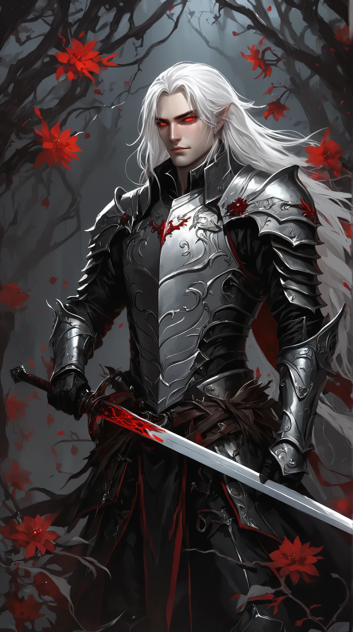 portrait (concept art:1.3) of a vampire knight with long (messy white hair), front view, {style of Sylvain Sarrailh}, (game art), illustration, (pale gray skin:1.3), glowing red eyes, ribcage visible through tattered dark fabric, wearing blackened plate armor, holding a sword with a glowing light red blade, surrounded by stylized black and red flowering vines and thorny branches, (dramatic rim lighting:1.3), armor details, detailed hair shadow, (dark fantasy art), cinematic, high-resolution image