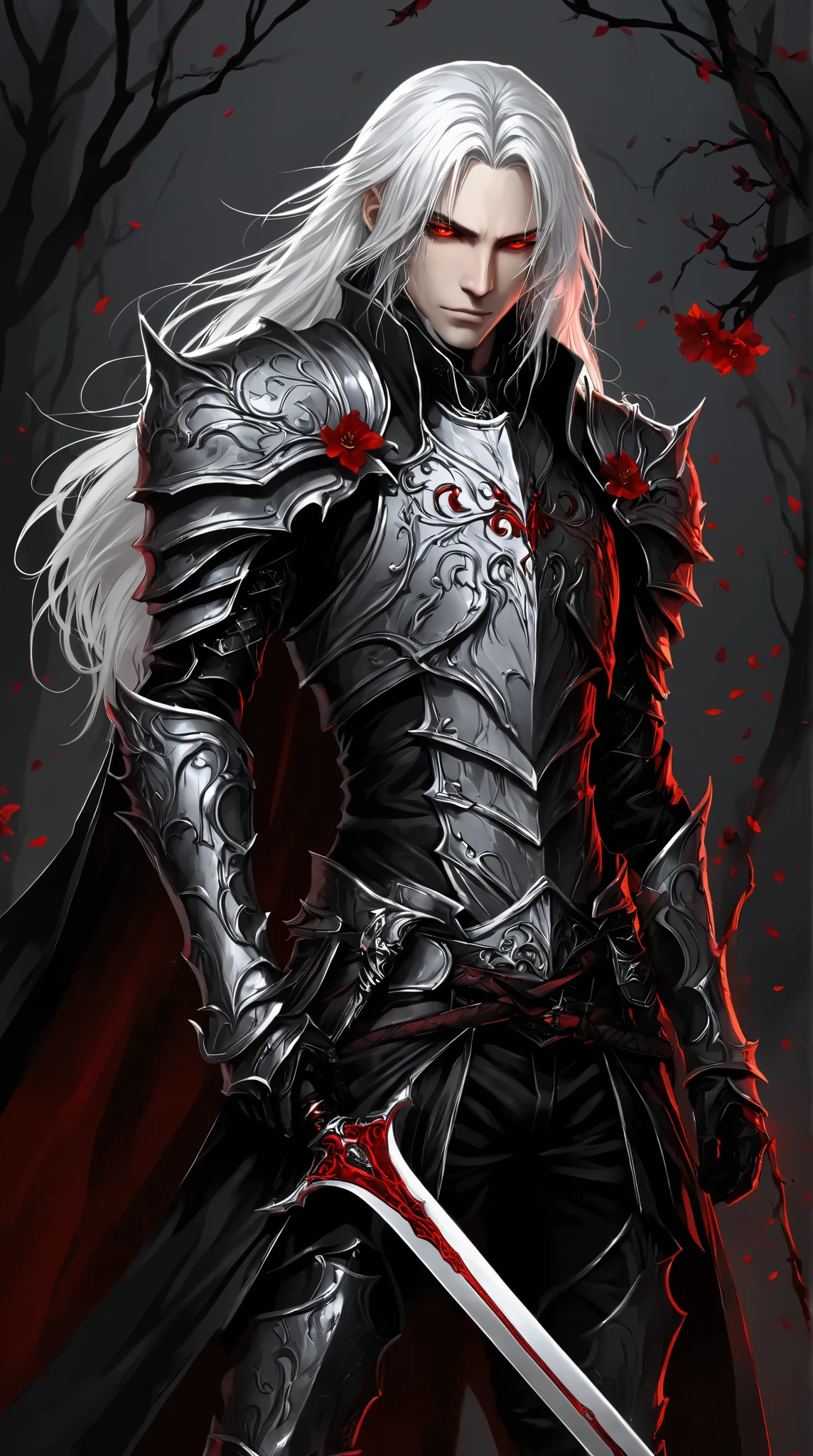 portrait (concept art:1.3) of a vampire knight with long (messy white hair), front view, {style of Donato Giancola}, (game art), illustration, )(pale gray skin:1.3), glowing red eyes, ribcage visible through tattered dark fabric, wearing blackened plate armor, holding a sword with a glowing light red blade, surrounded by stylized black and red flowering vines and thorny branches, (dramatic rim lighting:1.3), armor details, detailed hair shadow, (dark fantasy art), cinematic, high-resolution image