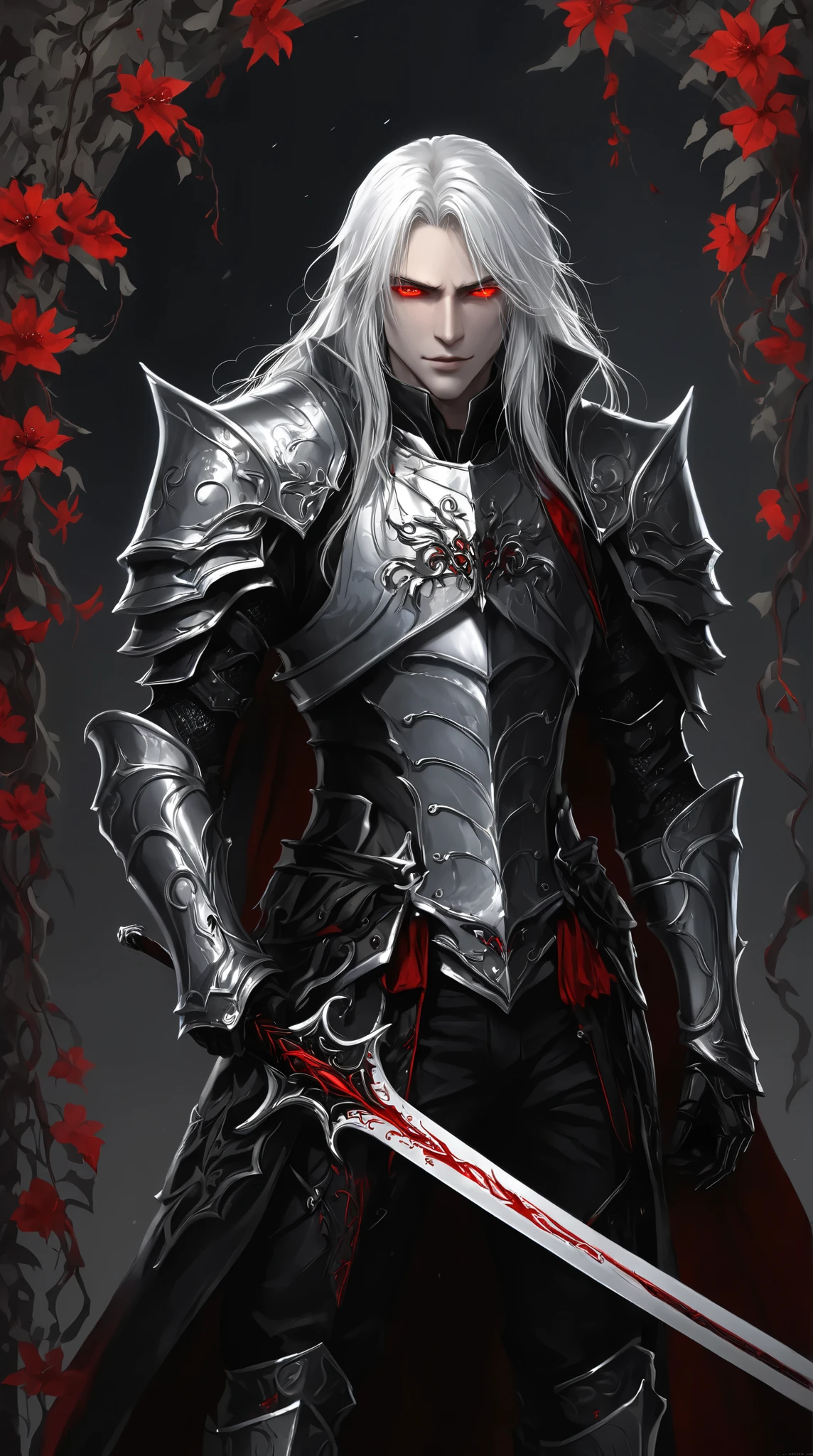 portrait (concept art:1.3) of a vampire knight with long (messy white hair), front view, {style of Donato Giancola}, (game art), illustration, )(pale gray skin:1.3), glowing red eyes, ribcage visible through tattered dark fabric, wearing blackened plate armor, holding a sword with a glowing light red blade, surrounded by stylized black and red flowering vines and thorny branches, (dramatic rim lighting:1.3), armor details, detailed hair shadow, (dark fantasy art), cinematic, high-resolution image