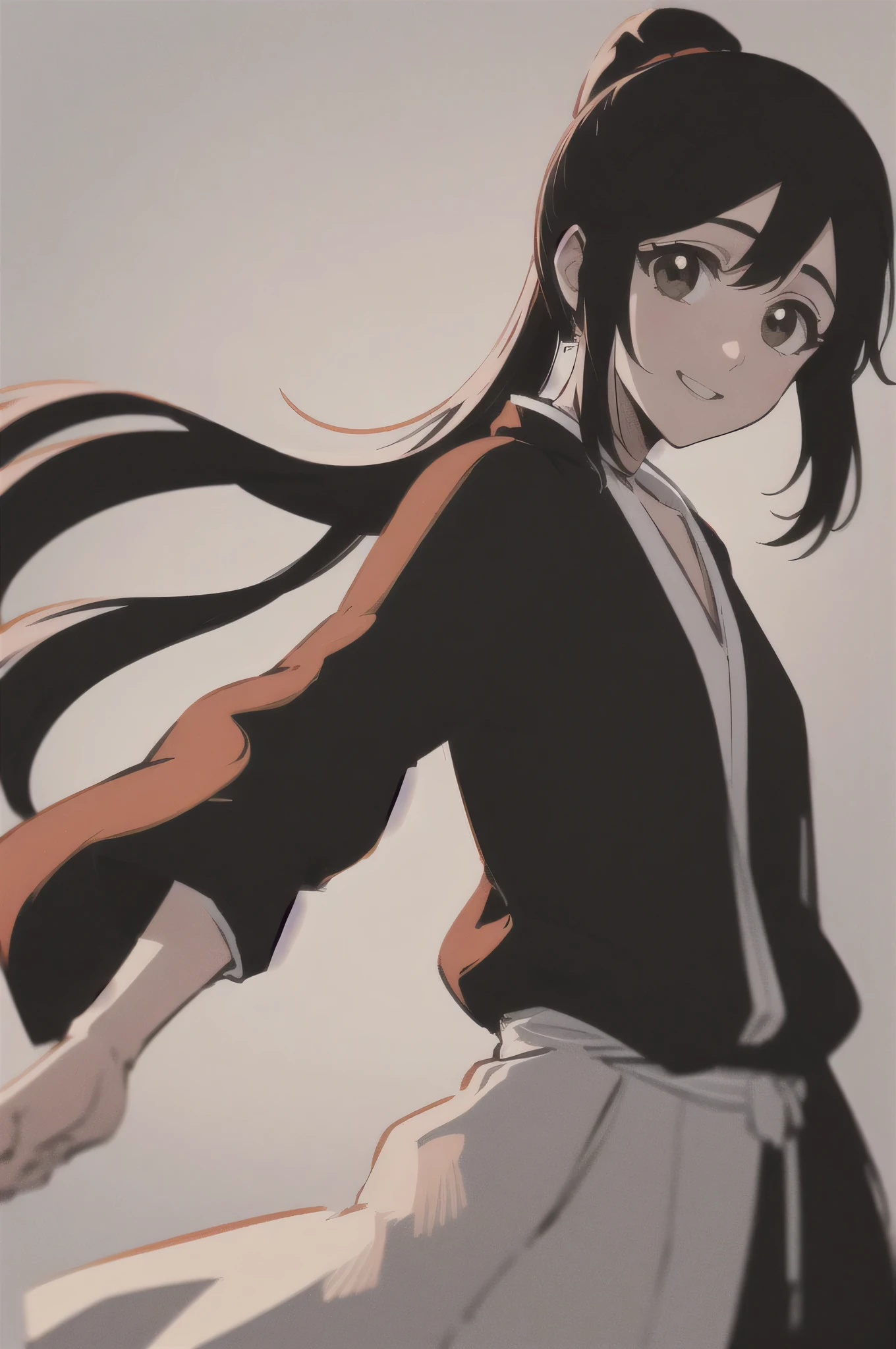 Masterpiece, best quality ,
from the side 1 girl , romantic love, black hair, single , ponytail, Van Cover, brown eyes,
hair bang,
kimono,white sleeveless coat , black long kimono ,
smile, Alone, is looking, simple background, white background
