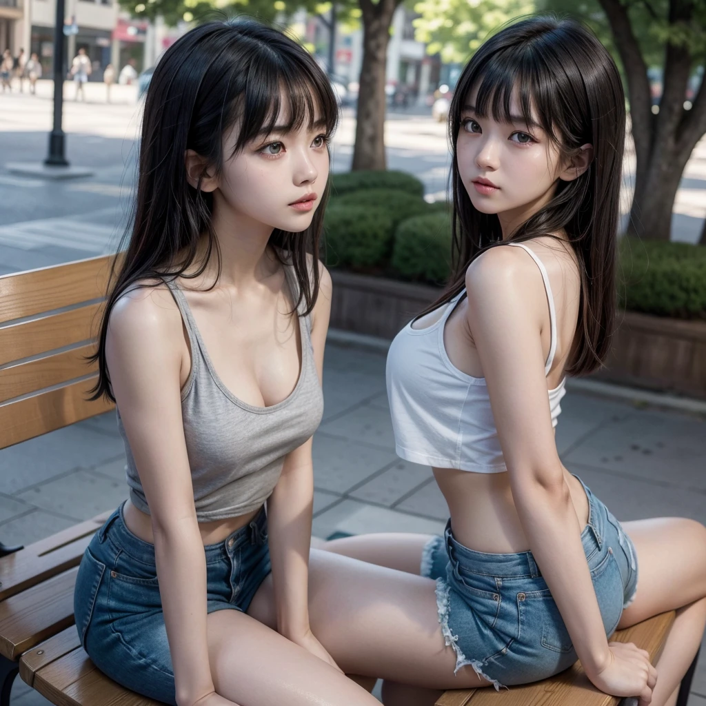 masterpiece, 8K, Photorealistic, Optimal ratio, Detailed face,Dark Eyes,Black irises,((No clothes))、((Crouch)),(Completely naked)、Immature girl1people,Thick pubic hair,The vagina looks good、focus on the crotch、Large Breasts、Small areola,Slender body、Being thin、Glowing Skin,Long, slender legs、Opening her legs,((MCharacter splits))、Focus on the groin,Young face、bangs,A small smile,Ponytail with barrette,From below,Front light,Sitting on a park bench and opening your crotch,12 years old