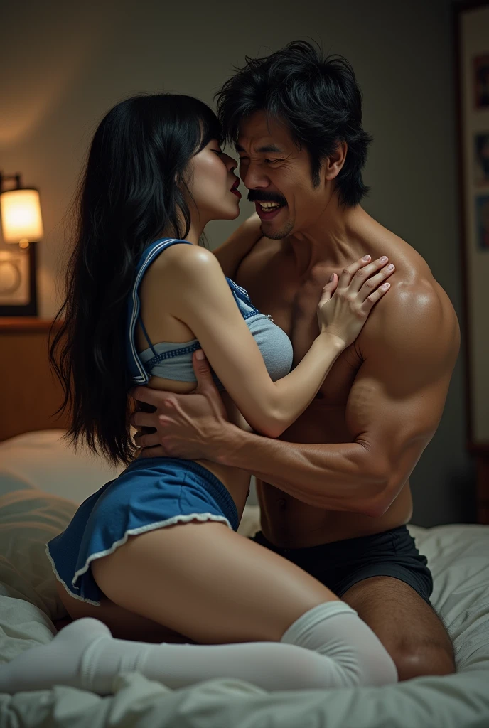 Two Japanese men and women wrestling、Screaming orgasm in bed、Sweaty full body portrait、Natural light only
