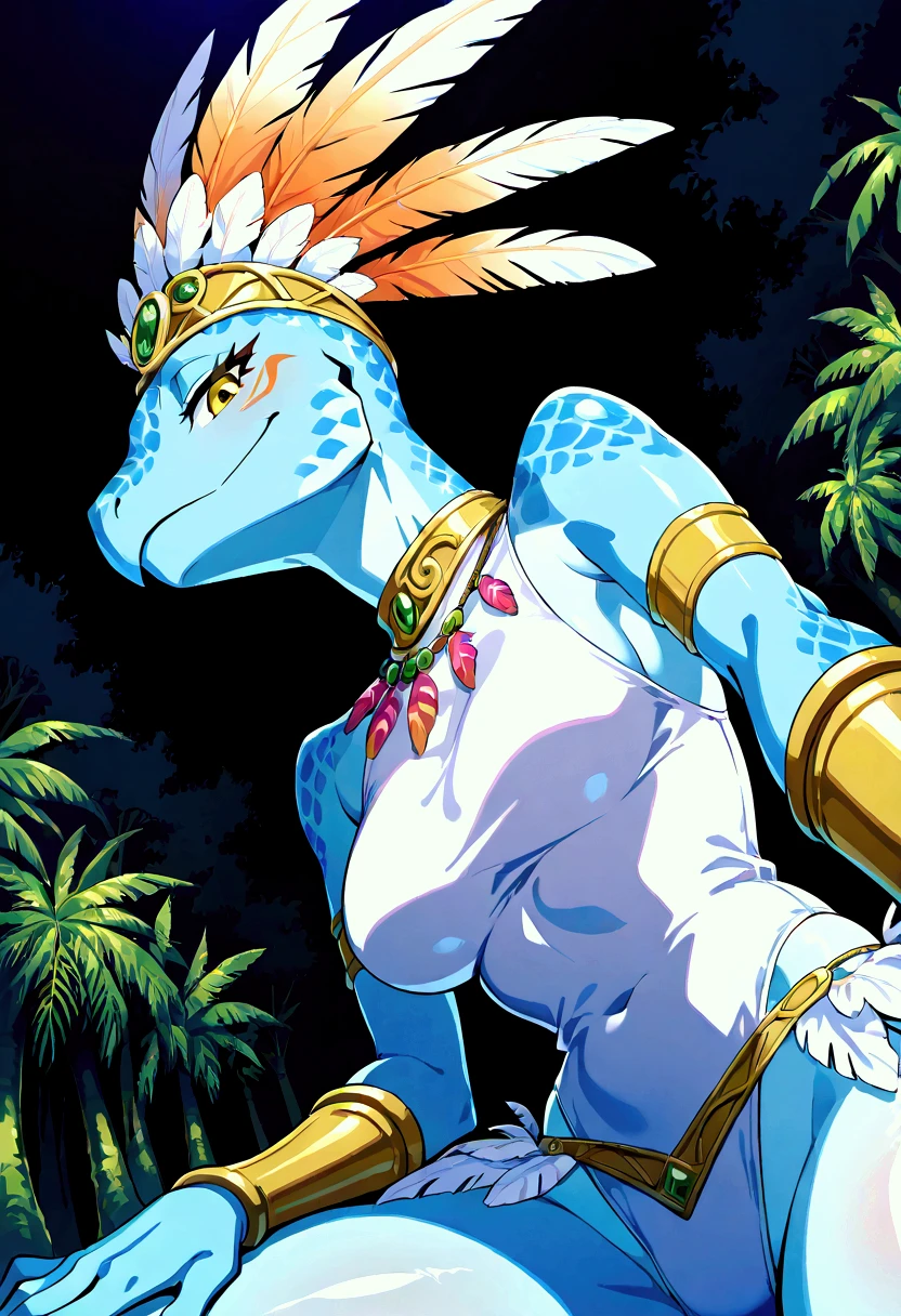 score_9, score_8_up, score_7_up, score_6_up, score_5_up, female , SkinkSkirmisher , solo, looking at the viewer seductivly ,scalie ,blue body, blue scales, yellow eyes, simple background, jungle temple background, late night, tropical forest, dense vegetation, wearing edgCarnival, white silver shiny costume with white feathers, one-piece bodysuit, white silver shiny leotard, jewelry, white feather pan headress, white feather skirt, white feathers bracers, close mouth, good hand, dynamic angle, beautiful face, flawless face, detailed eyes, large eyes, beautiful girl, laying on a bed, relaxing in a bed, laying on side, close-up, portrait, low angle view, seductive, teasing, bedroom-eyes, first person view, seductive pose, sexy pose, seducing, side view, 