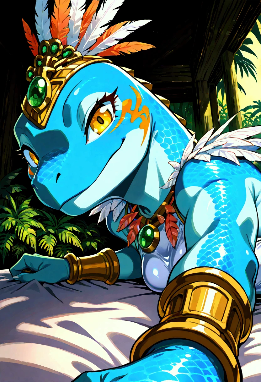 score_9, score_8_up, score_7_up, score_6_up, score_5_up, female , SkinkSkirmisher , solo, looking at the viewer seductivly ,scalie ,blue body, blue scales, yellow eyes, simple background, jungle temple background, late night, tropical forest, dense vegetation, wearing edgCarnival, white silver shiny costume with white feathers, one-piece bodysuit, white silver shiny leotard, jewelry, white feather pan headress, white feather skirt, white feathers bracers, close mouth, good hand, dynamic angle, beautiful face, flawless face, detailed eyes, large eyes, beautiful girl, laying on a bed, relaxing in a bed, laying on side, close-up, portrait, low angle view, seductive, teasing, bedroom-eyes, first person view, seductive pose, sexy pose, seducing, side view, 