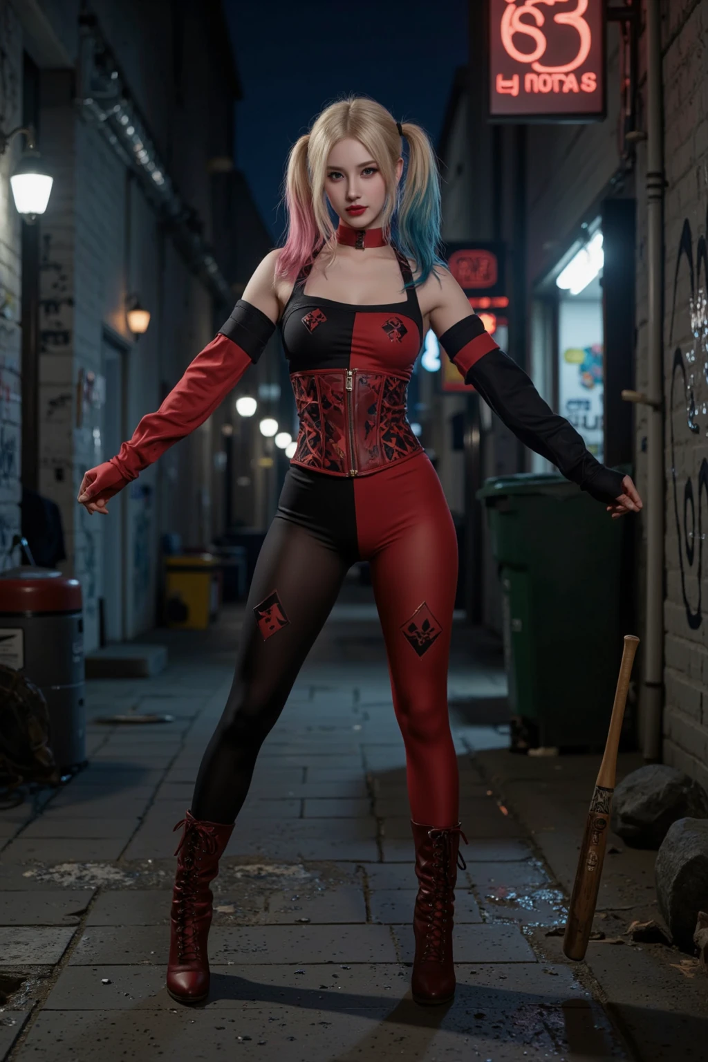 The character Harley Quinn, perfect costume, extremely realistic hair, perfect curves, extremely detailed anatomy 