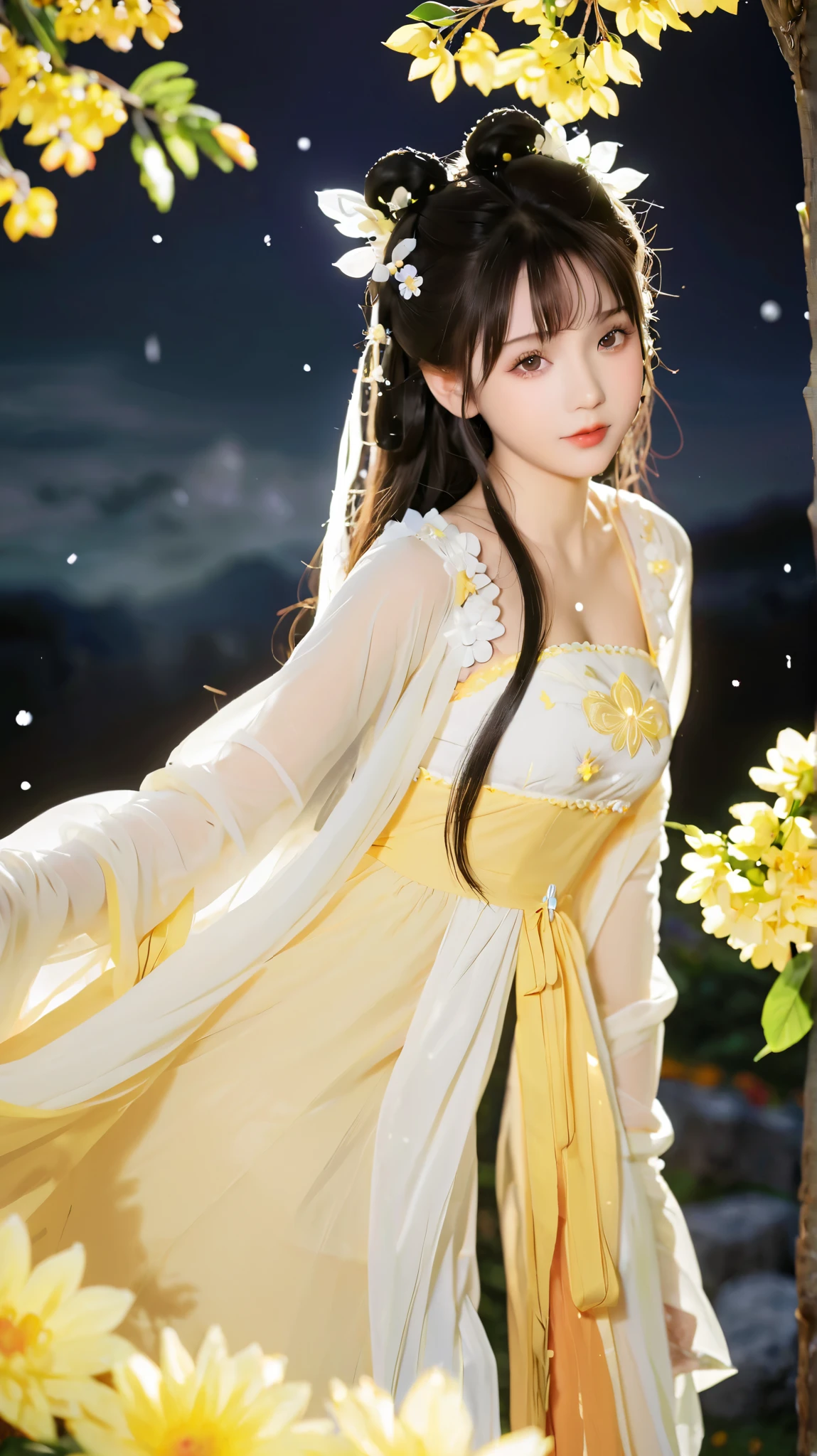 Wearing a light yellow dress、头发上有花朵的Anime Girl, very 美丽的Anime Girl, 美丽的Anime Girl, beautiful fantasy anime , Gu Weiss, Anime Girl, 美丽的Anime Girl, very pretty cute girl , yellow flower, background blur, Anime style 4K, Anime fantasy work , 4k anime wallpaper, Guvez style artwork