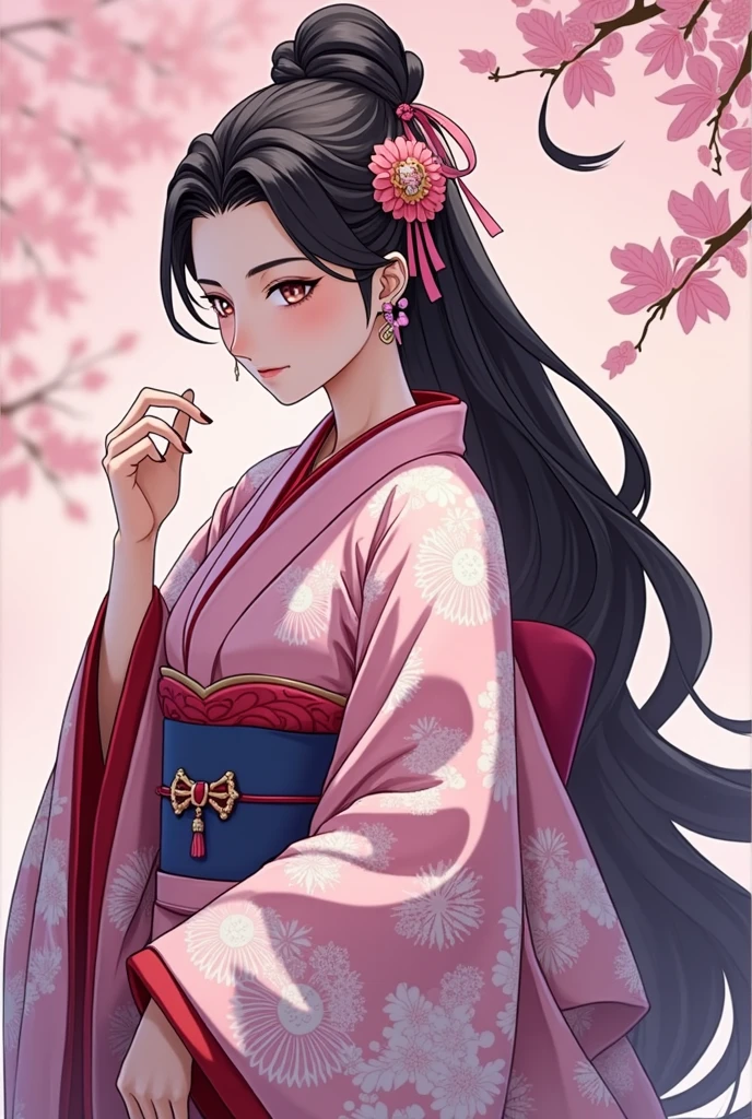 Twelve-layered  kimono，(Masterpiece,  best quality ,  best quality ，aesthetics:1.2)，From the side，Ezvian Everywhere，1300 years ago，Japan_ Heian period，Noble，１ beautiful princess ，  beautiful skin，( straight hair 　length,  beautiful black hair)，( kimono　Gentle pink color　The beauty of layered colors)，Silk luster， layered color ，Hakama Hems Long ， dreamy， elegant ， best quality ，beautiful anime illustration art、