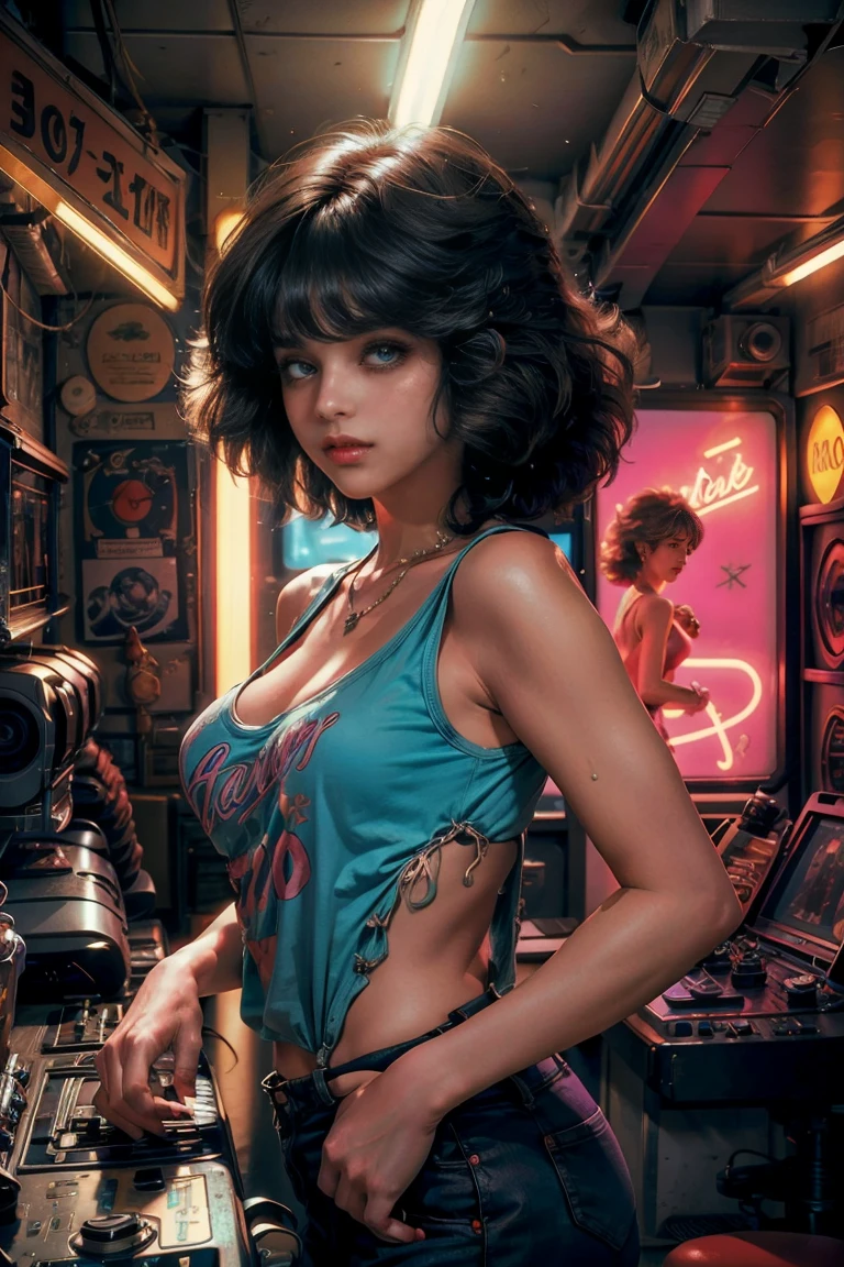 high view shot, In the heart of the retrowave 80's world, a young beautiful woman with 80's style haircut, 80's fashion sexy neon clothing. in a retrowave gamer room with 80's style, retro pc and musica band posters on the wall, sensual pose, creates a retrowave atmosphere, energy and neon around her. The angle of the scene is dynamic and high, capturing the intensity of the moment, fine quality silver eyes, eyes looking at the camera, ultra detailed, Beautiful and 80's aesthetically pleasing, masterpiece, 4k, Extremely detailed , dynamic high angle, raytraced, middle body, close up, high view, particles and hard neon lights,