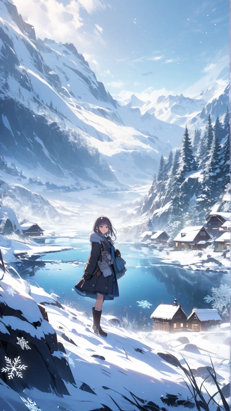 winter、 1 Girl,  Snowflakes、Northern landscape、 widescreen, 