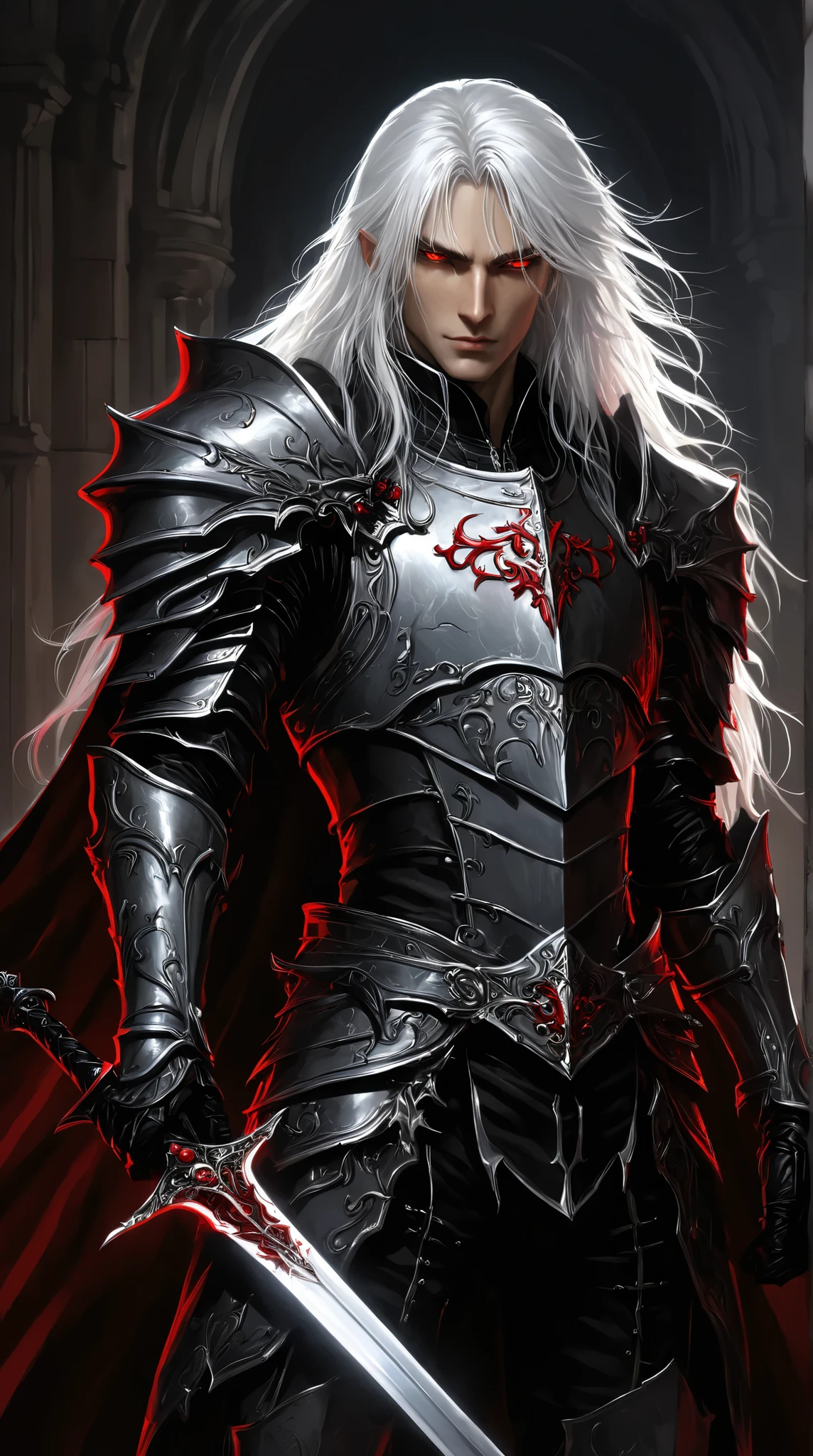 portrait (concept art:1.3) of a vampire knight with long (messy white hair), front view, {style of Donato Giancola}, (game art), illustration, )(pale gray skin:1.3), glowing red eyes, ribcage visible through tattered dark fabric, wearing blackened plate armor, holding a sword with a glowing light red blade, surrounded by stylized black and red flowering vines and thorny branches, (dramatic rim lighting:1.3), armor details, detailed hair shadow, (dark fantasy art), cinematic, high-resolution image