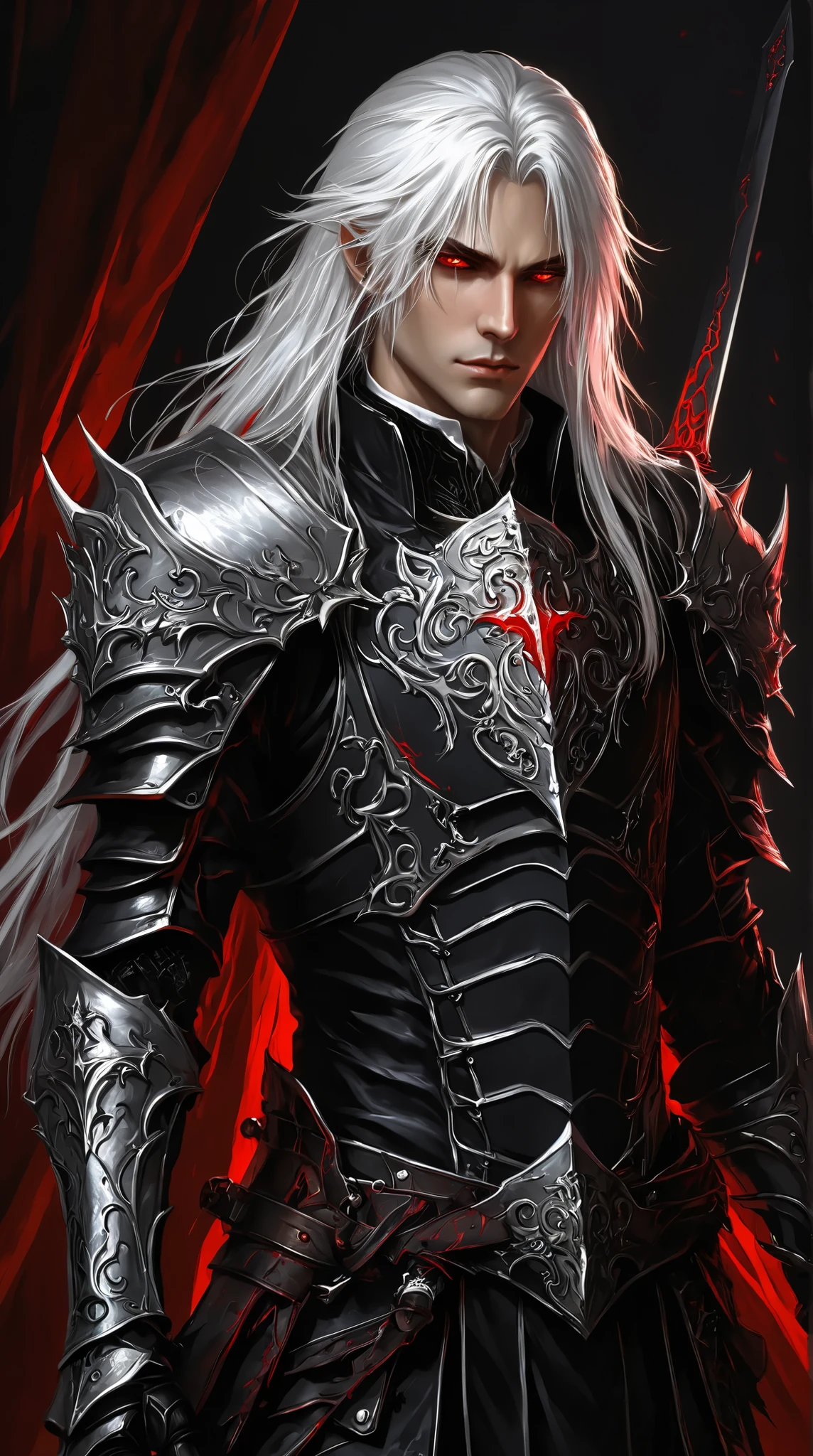 portrait (concept art:1.3) of a vampire knight with long (messy white hair), front view, {style of Donato Giancola}, (game art), illustration, )(pale gray skin:1.3), glowing red eyes, ribcage visible through tattered dark fabric, wearing blackened plate armor, holding a sword with a glowing light red blade, surrounded by stylized black and red flowering vines and thorny branches, (dramatic rim lighting:1.3), armor details, detailed hair shadow, (dark fantasy art), cinematic, high-resolution image