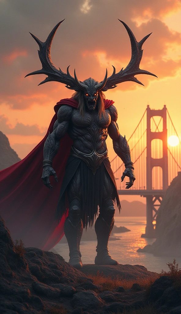 4k, 8k,An ancestral alpha male black bull, sexy, anthropomorphic, slim and well defined body, Red eyes, elegant horns,very ugly and horrible red cape,a golden armor that does not cover his pectorals and six pack,a large elegant gold piercing, long and elegant hair, worn red loincloth,(bottom:at night in a forest,bright full moon,good lighting, well detailed,alone on the floor the ancestral black bull alpha male standing facing forward,serious face,),(((bathed in sweat all over his well-defined body))),(((Do not cover your pecs and six pack)))
