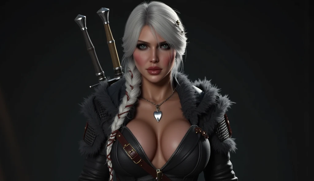 ciri from the witcher 3, midshot, massive perfect breast, cleavage,tetradic colors, inkpunk, enlightenment, 4k resolution, intricately detailed, cinematic, detailed symmetric eyes, intricate details, beautiful detailed intricate face, Carne Griffiths and Wadim Kashin, concept art, ominous, approaching perfection, highly detailed, smooth, sharp focus, digital art, perfect composition, Yabadaba, hyperdetailed painting, ISO 200, 100mm, DLSR, dynamic, light studio, vibrant,