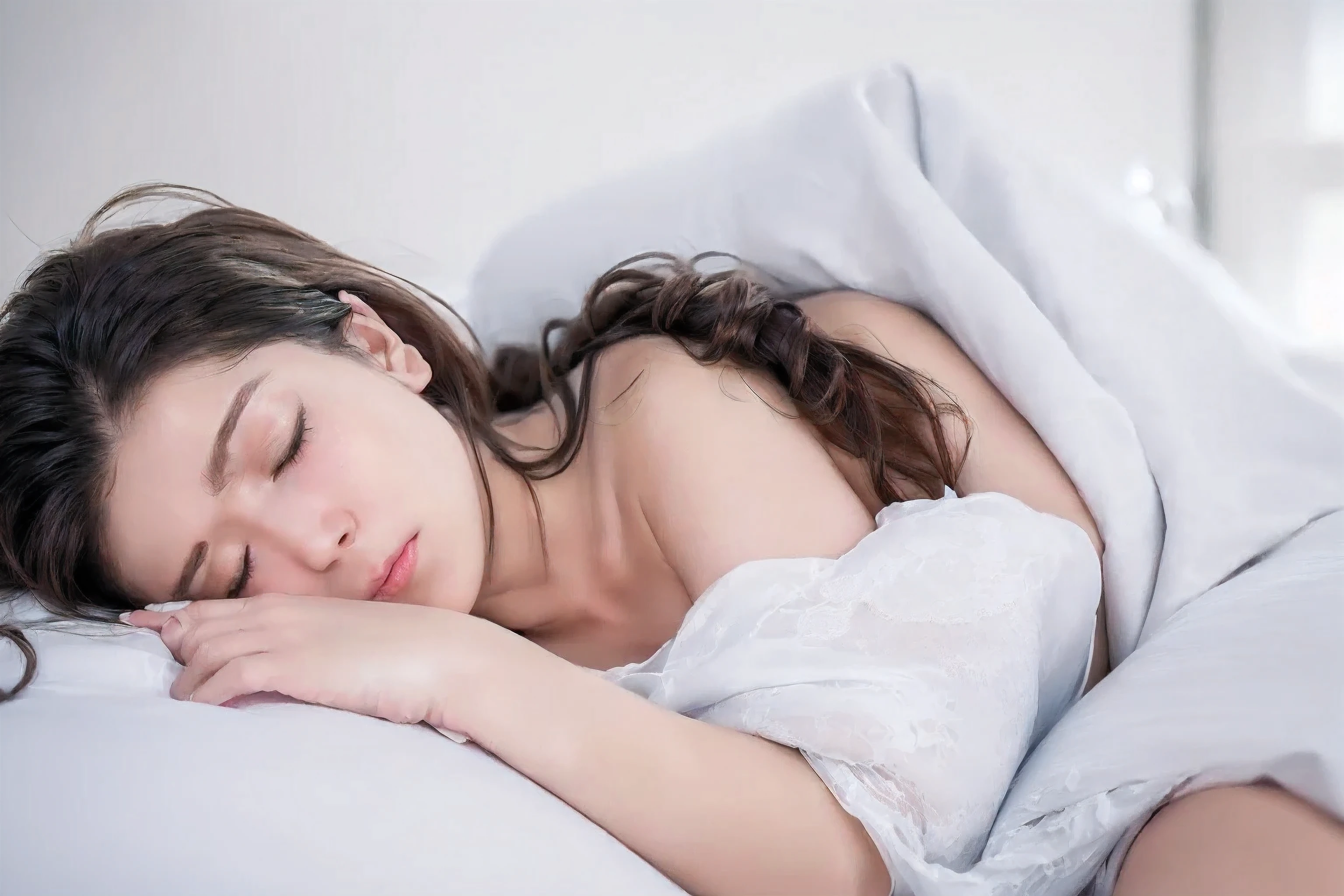Italian girl with long brown hair, under the bed duvet, sleeping, naked, wearing fake eyelashes