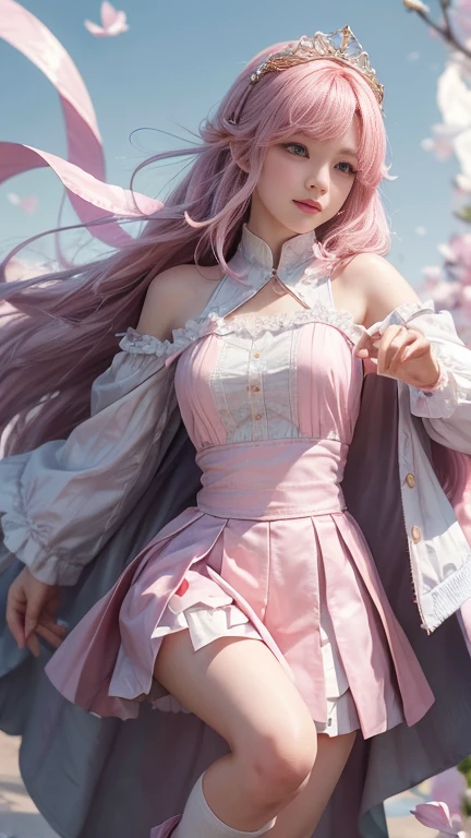 ((best qualtiy)), ((tmasterpiece)), (detail:1.4), Beautiful cyberpunk female images,hdr(HighDynamicRange),Ray traching,NVIDIA RTX,Hyper-Resolution,illusory 5,sub surface scattering,PBR textures,post-proces,Anisotropy Filtering,depth of fields,maximum definition and sharpness,Many-Layer Textures,Albedo e mapas Speculares,Surface coloring,Mitsu-Accurate simulation of material interactions,perfectly proportioned,rendering by octane,Two-colored light,largeaperture,Low ISO,White balance,Rule three points、8K raw data、Beautiful bright blue pupils,off-the-shoulder clothes,Fine pupils,Delicate face and eyes,long eyelasher,Blushlush,Delicate and fluffy hair,pink lip,Pure,Cute face,Sweet girl,Artistic sense,Casual wear,Advancedsense,butterflys,Cherry blossom petal,Beautiful hair accessories,Long hair and waist,Hair fluttering in the wind,Snow-white fox ears,curlies,Snow-white fluffy tail,Positive light,The light from the back window is backlighted