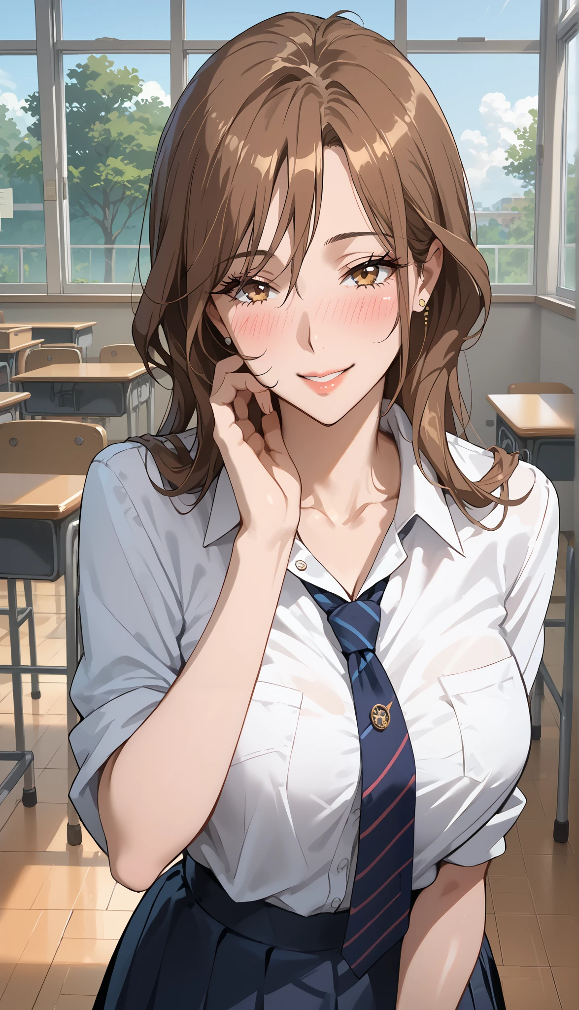 score_9, score_8_ up, score_7_ up, score_6_ up, score_5_ up, score_4_ up, source_Anime, tag1, tag2, quality_Masterpiece, accurate to human body structure , facial beauty, Perfect Face , very detailed and beautiful face and eyes from upstairs, attractive face , detailed face , delicate face, detailed skin, curved, Vol uptuous, Wide Hips , thighs , function, A Bewitching Woman , Mature Woman , Mature Woman , Maternal, medium breasts , FULL FACE BLUSH,smile ,classroom, brown hair, long hair, Blake Retingin _i doubt it, the above, viewer, from before , school uniform