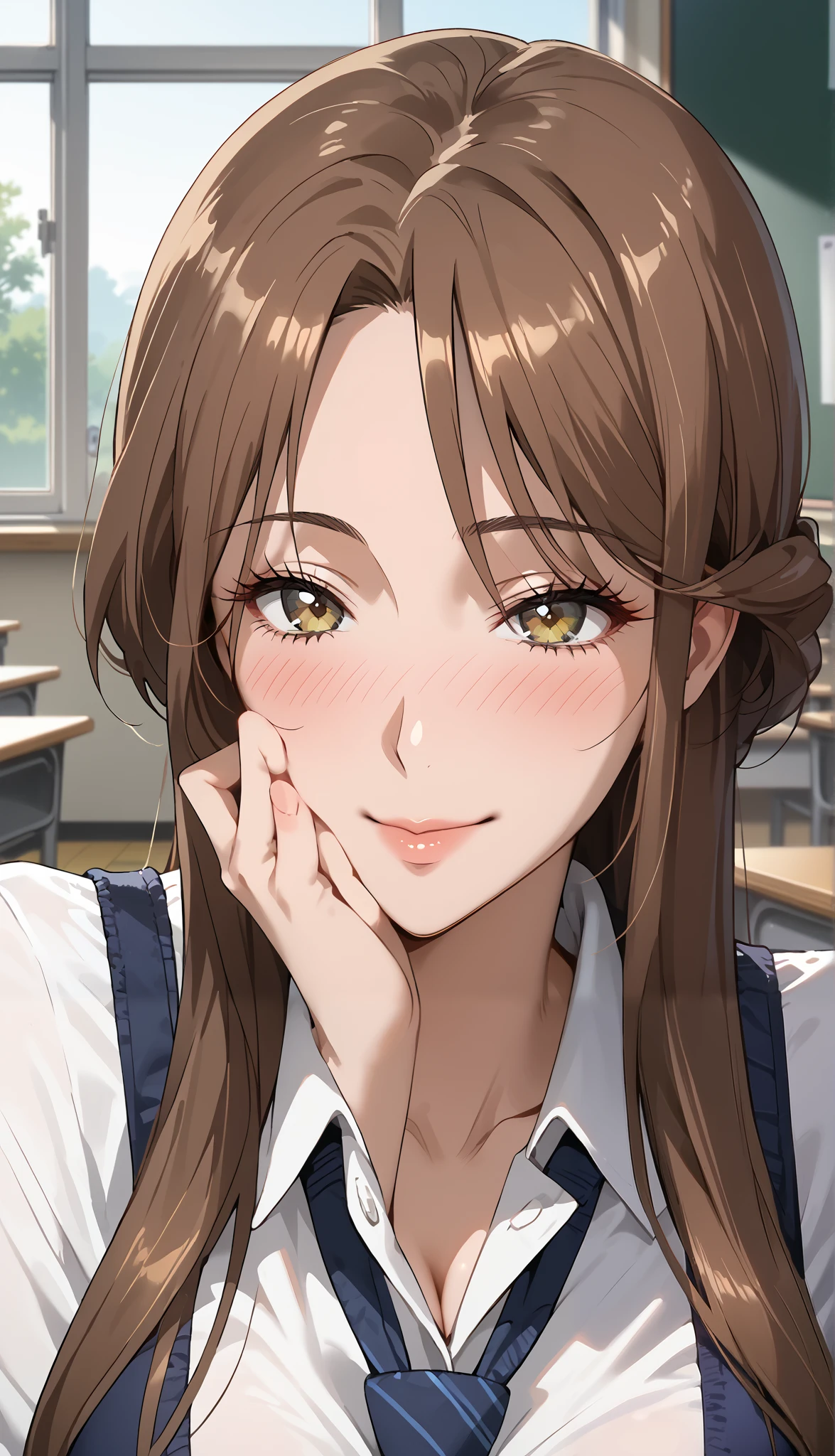  score_9,  score_8_ up,  score_7_ up,  score_6_ up,  score_5_ up,  score_4_ up,   source_Anime, tag1,   tag2, quality_Masterpiece,   accurate to human body structure  ,  facial beauty,   Perfect Face ,   very detailed and beautiful face and eyes from upstairs,   attractive face  ,   detailed face  ,   delicate face,   detailed skin, curved, Vol uptuous,   Wide Hips ,   thighs ,  function,   A Bewitching Woman ,   Mature Woman  ,  Mature Woman , Maternal,  medium breasts , FULL FACE BLUSH,smile  ,classroom, brown hair,  long hair, Blake Retingin _i doubt it, the above, viewer,  from before ,  school uniform