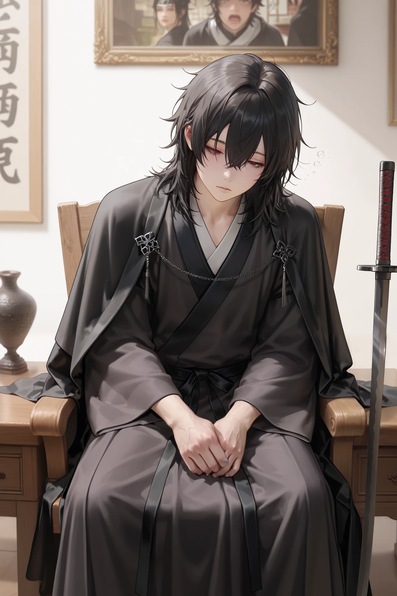 masterpiece, best quality, Detailed Eyes, semi realistic, 8k, boy, black medium hair, red eye, cute, black hanfu suit, clumsy, naive, cutie face, 8k, black cape, sleepy emotion, sleeping sign, sitting on chair, snoozing on wood desk old oriental room background, holding old oriental black sword, solo charactor