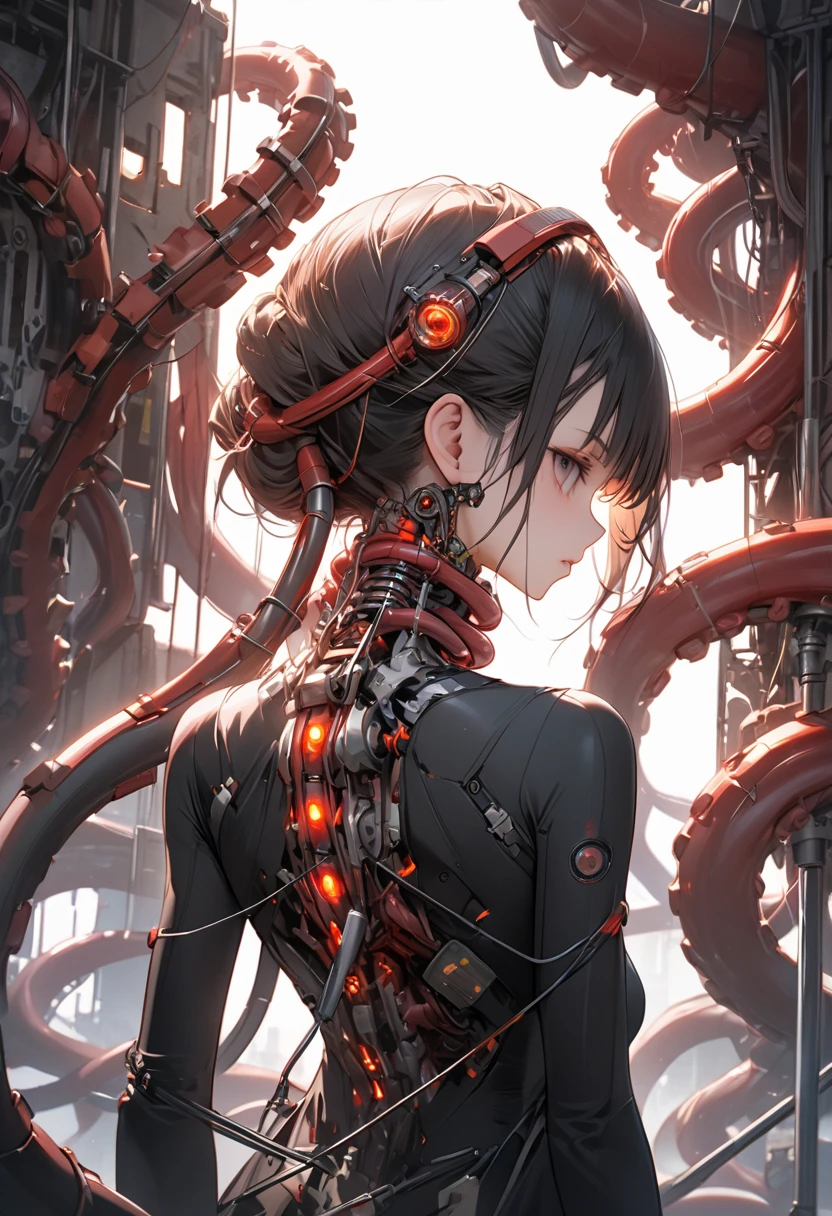 (((masterpiece))), ((best quality)), (ultra-detailed), (CG illustration), (an extremely devious and beautiful)), cinematic light, ((1 mechanical girl)), single, (machine-made joints: 1.4), ((mechanical limbs)), ( blood vessels attached to the tube), ((mechanical cervical vertebrae attached to the neck), ((front_view)), (loking_at_the_viewer)), expressionless, (wires and cables attached to the head and body: 1.5), ((mid_range_shot)), (full_body_view), science fiction, apocalypse, ruins