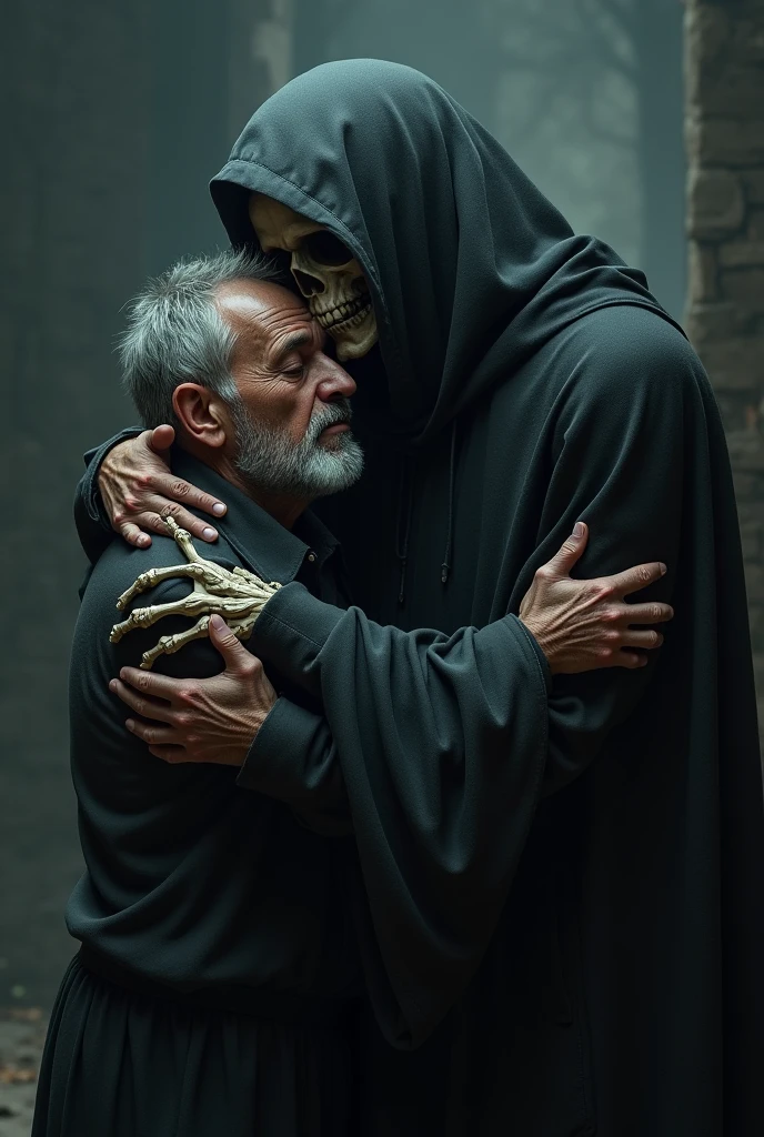 A grunge style photograph of an old man with tears in his eyes hugging the grim reaper, poignant, dramatic lighting, high contrast