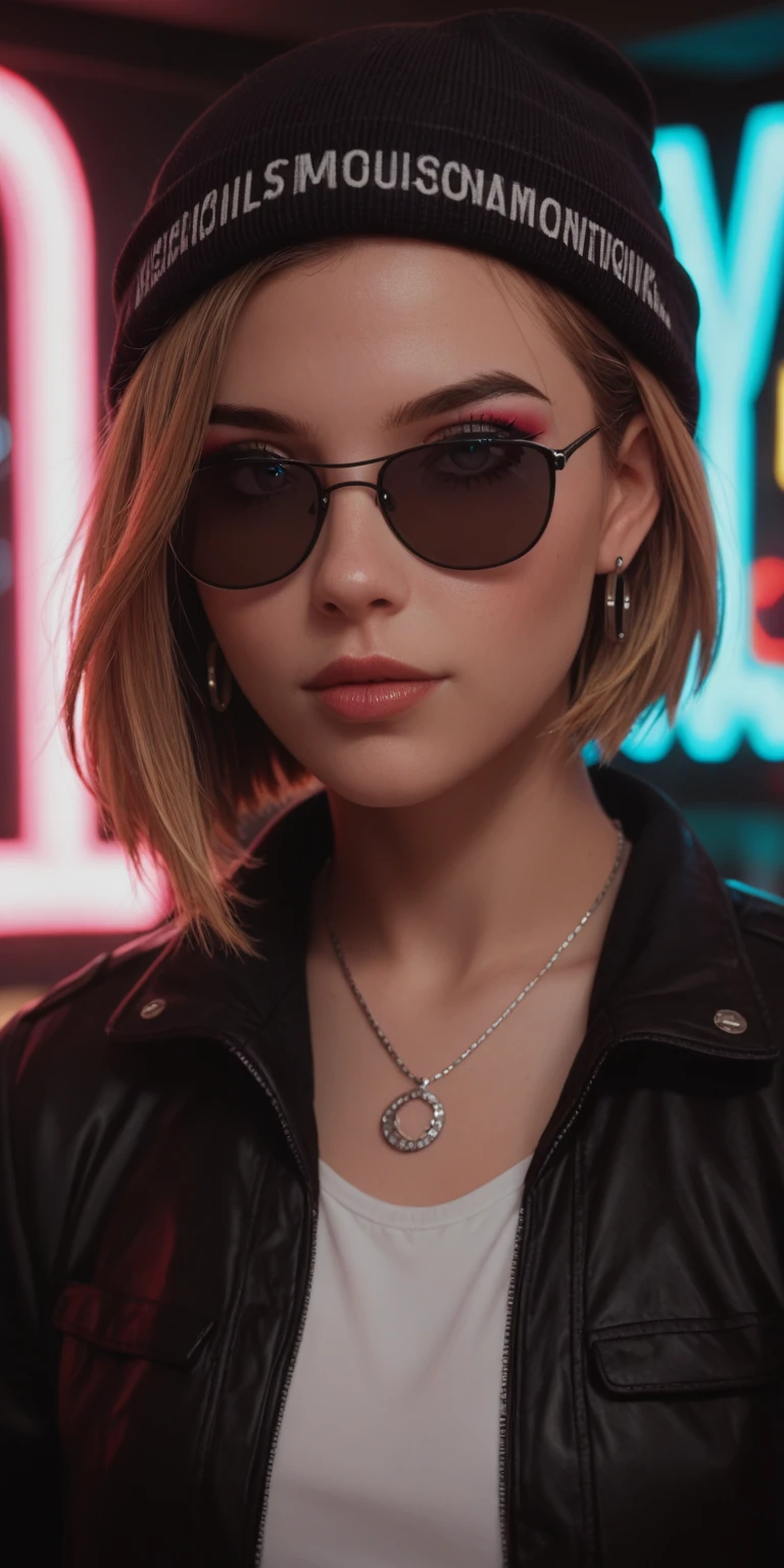 Face close up, alternative girl, watching over black sunglasses, jacket, necklace, neon light reflections on skin, ear ring, makeup, skin imperfection, short hair, beanie, neon lights background, low light, depth of field, highly detailed, high contrast, film grain, Rim Lighting, Long Exposure, DSLR