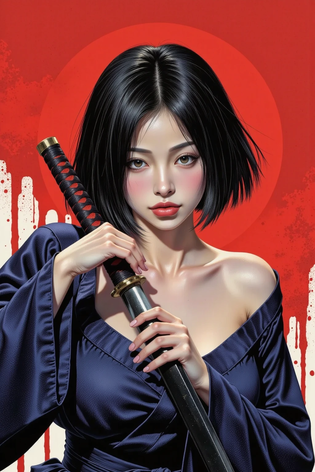 A female warrior, seductive, direct gaze, short black hair, pale skin, kimono, off shoulder, both hands on the hilt of a katana, red light illuminating one side of face, female black and blue tones, bright red, red brush strokes sky, red brush strokes background, moody, blood splatter, ink art piece, dark, dynamic angle, poster, minimalistic, drkfnts style