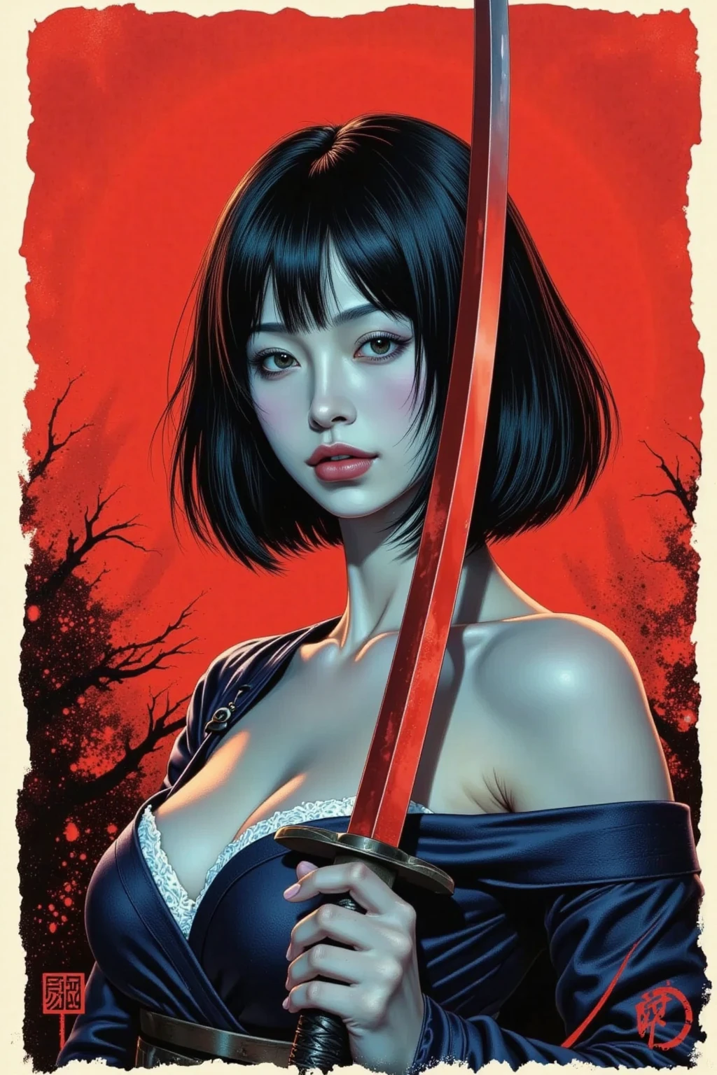 A female warrior, seductive, direct gaze, short black hair, pale skin, kimono, off shoulder, both hands on the hilt of a katana, red light illuminating one side of face, female black and blue tones, bright red, red brush strokes sky, red brush strokes background, moody, blood splatter, ink art piece, dark, dynamic angle, poster, minimalistic, drkfnts style