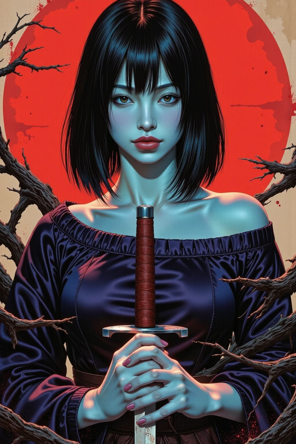 A female warrior, seductive, direct gaze, short black hair, pale skin, kimono, off shoulder, both hands on the hilt of a katana, red light illuminating one side of face, female black and blue tones, bright red, red brush strokes sky, red brush strokes background, moody, blood splatter, ink art piece, dark, dynamic angle, poster, minimalistic, drkfnts style