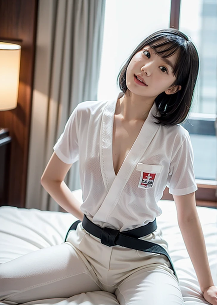​((masterpiece, Better Quality, hight resolution, Photorealsitic:1.4, Raw photography, high quality image)), ((portrait:1.2)), 1Milf sitting on bedside, (wearing white short callored shirts, wearing black pencil skirt, black stocking, neckerchief), curvy shape:0.5, very detailed and professional lighting, (cute facial expressions),