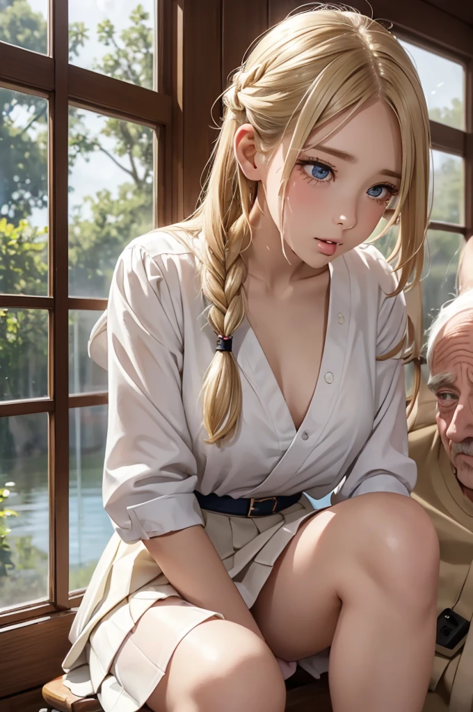 (A high school girl sitting on old male:1.4), ((Highest quality)), ((masterpiece)), (detailed), Braided long hair, ((Blonde)), (reverse upright straddle:1.3), (girl on top), (old man behind the girl:1.4), (licking), Very cute eyes, False eyelashes, (((Watery eye))), (surprised), (She's in trouble), Glossy thick lips, Glowing White Skin, Pleated skirt, outside, moonlight, shooting star, Wind