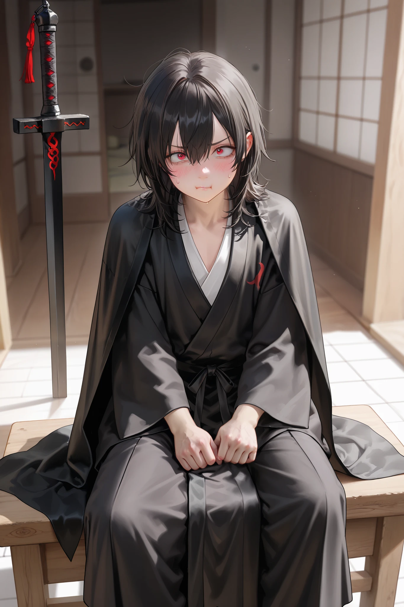 masterpiece, best quality, Detailed Eyes, semi realistic, 8k, boy, black medium hair, red eye, cute, black hanfu suit, clumsy, naive, cutie face, 8k, black cape, naughty, pout face, nervous boring emotion, wood desk, sitting on wood chair, holding old oriental black sword, solo charactor