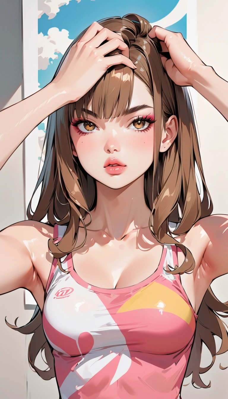 1 boy, 1girl,a beautiful fashion model ,(masterpiece, official art, best quality) (hazel eyes) ,long and shiny hair, brown hair with blonde streaks in hair, long hair, full lips, upturned nose ((((tan skin, bronze skin, 1.3)))), big breasts, stripping, elegant makeup, exhibitionism, naked in public, , slim thighs, toned body, shiny skin, sexy pose, blue eyes, narrow hips, wearing high hip thong and see-through top, , ((cheerleader in a skimpy outfit, embarrassed)), gold hoop earrings, pink eyeshadow, thong, cute face, gym, (((girl having sex with man, girl riding boy cowgirl))),