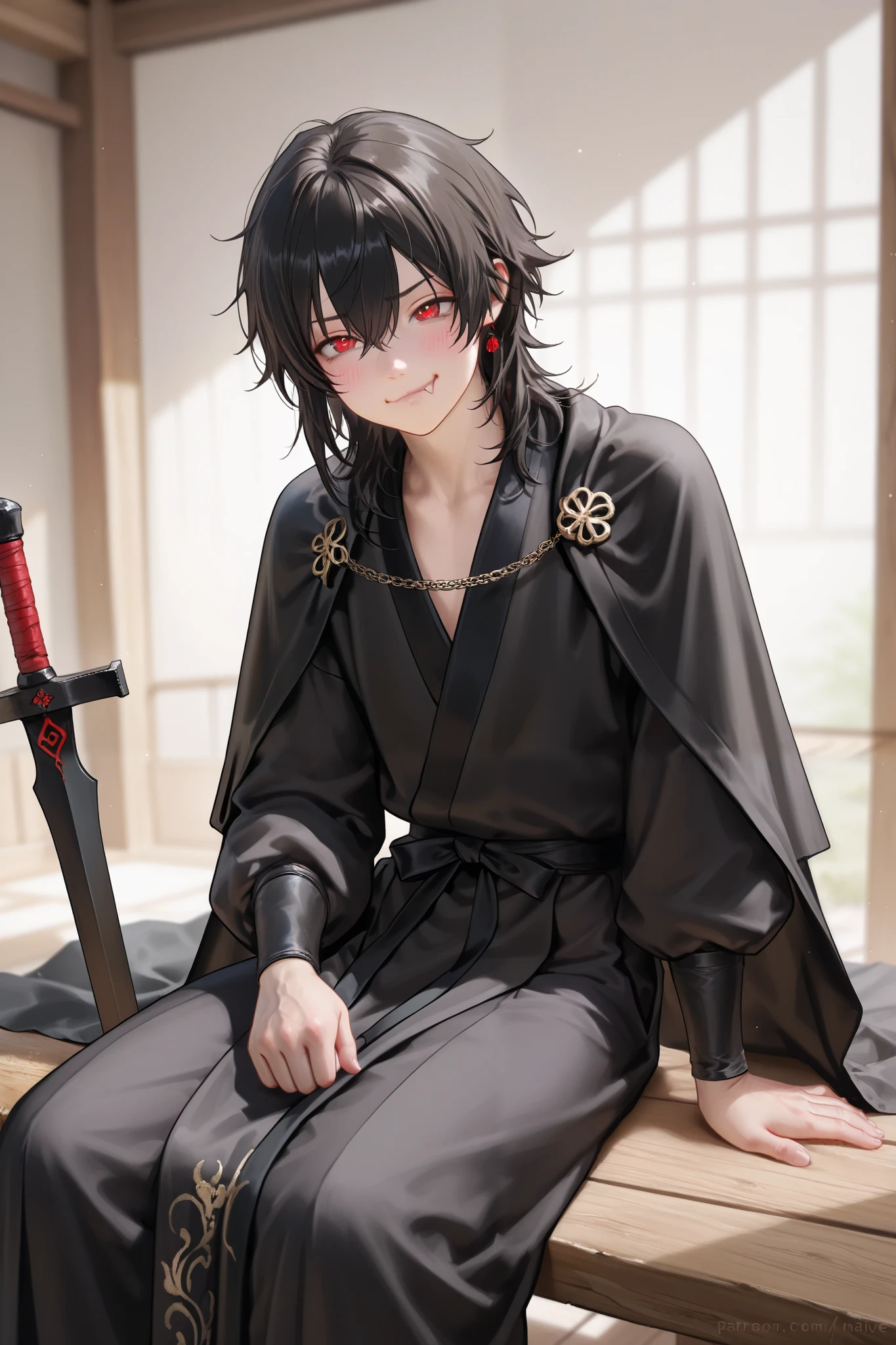 masterpiece, best quality, Detailed Eyes, semi realistic, 8k, boy, black medium hair, red eye, cute, black hanfu suit, clumsy, naive, cutie face, 8k, black cape, naughty, pout face, smiling, boring emotion, wood desk, sitting on wood chair, holding old oriental black sword, solo charactor