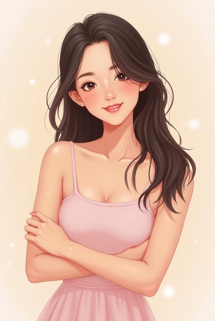 for young women with long hair 、 and smiling while touching one's arms。The composition is an icon illustration depicting a bust up from the chest in 、 simple design that emphasizes a woman's smooth skin and bright expression 。The background is a pale solid color （ pastel and light gradations ）in、 where the presence of women stands out 。 hair straight or soft waves in 、 expresses natural beauty 。 clothes sleeveless or off-shoulder with bare skin visible in 、 for a clean and friendly impression 。