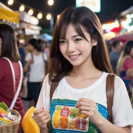 Vibrant night market. The woman is wearing casual clothes, Carrying snacks,  Her face is full of joy and satisfaction.