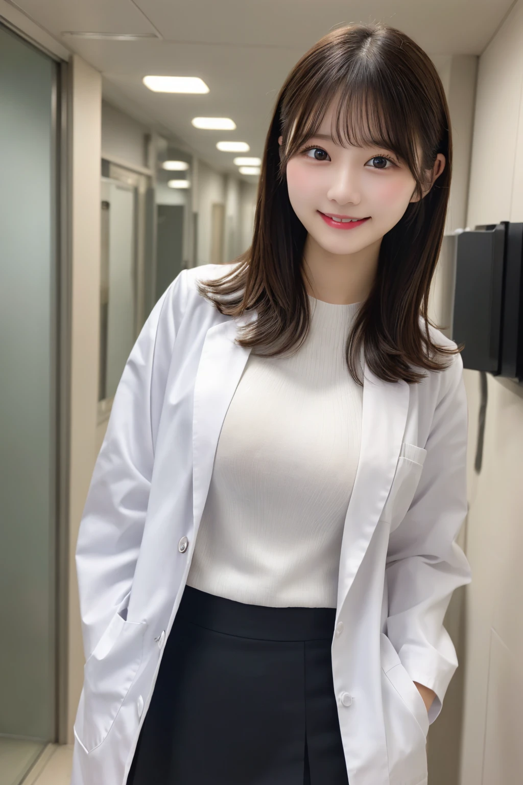 Young woman、 Japanese women、Woman sitting in a hospital examination room、（Full body photo）Brown Hair、Necklace around the neck、White、shirt、Knee-length skirt、（tights、pumps）、Stethoscope、short hair、Intricate details, Very detailed:1.2), 、 Looking into the camera,The background is the examination room...、ear piercing

