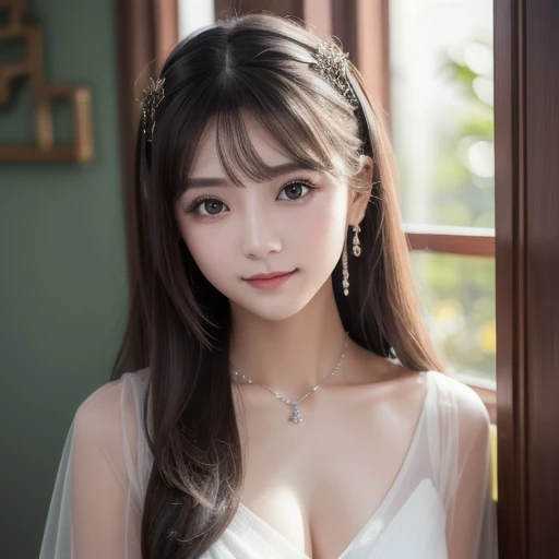 最 High Quality , Masterpiece, High ResolutiOn,  1 GIRL, , ( bewitching smile: 0.8), Star Eyes , Chinese Hanfu,  hair accessories,  necklace,   jewelry,  beauty, On_body, tyndall effect,  realism, Shadow Room, Light Edge, Two-tOne Lighting, ( High Detail Skin : 1.2), 8K UHD,  SLR during homework, Soft light,  High Quality ,  volume lighting, Hidden Photos, High ResolutiOn, 4K, 8k,  background blur , Light tulle,