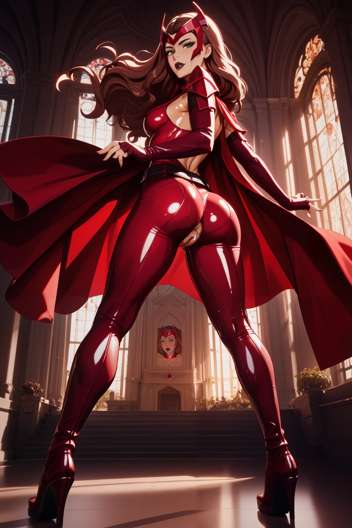 turned around, turned away looking back, anus facing the camera, ((masterpiece)), ((best quality)), (detailed), beautiful dark lighting, perfect, luscious lips, dark beautiful lighting, perfect, luscious lips, skinny, fit, athletic, Scarlet Witch, Wanda Maximoff, long flowing auburn hair, piercing green eyes, sleeveless red leotard, pink tights, red boots and opera gloves, red cape with a tie around the neck and a horned headpiece framing her face, clothed, black lipstick, black eyeshadow, standing facing away while looking back seductively with anus facing the screen, camera angle from behind, full body from behind, nsfw, not safe for work, wet body from behind, nice body from behind, fit, thighs, curvy, sexy, beautiful legs, feminine body, thighs, curvy, sexy, complex detailed background, Gothic temple, witches lair, evil temple, dark beautiful lighting, (((oiled collarbones))), (((oiled collarbones))), Beautiful face, Perfect face, Defined facial features, hard bone facial bone structure, defined cheek bones, Highly detailed beautiful face and eyes, evil seductive face, Detailed face, Detailed skin, 1girl, ScaMarvals, shoulder armor, sleeveless dress, red hair, brown hair, high heel boots, green eyes, choker, elbow gloves, fingerless gloves, belt