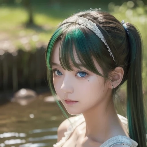 () ,girl、(Bunny ears headband)。(Random Nudes)，Exhibitionism，((Random exposure of genitals))。　Beautiful areola。Small breasts. Thin Hair。(On top of a snowy mountain). Detailed and complex background。((Bright emerald green hair))。(Round face). ((Short Bob Hair)). Cute smile. Idol&#39;s face. Smooth Hair. Thin Hair. White skin. Cute pose with legs apart. 