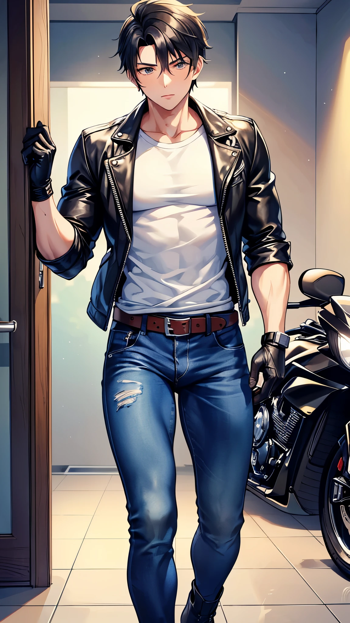 Create an image of a muscular young man with black hair, wearing a white crew neck shirt layered with a black leather jacket. He is dressed in blue jeans with a black leather belt, black motorcycle gloves, black combat boots, and a thigh holster for a handgun. He his hand on his erect penis that was sticking out of the crotch of his pants that had been unzipped. and semen spurted out of his erect penis. in the bathroom. The image should be illustrated in a detailed high-quality anime art style.